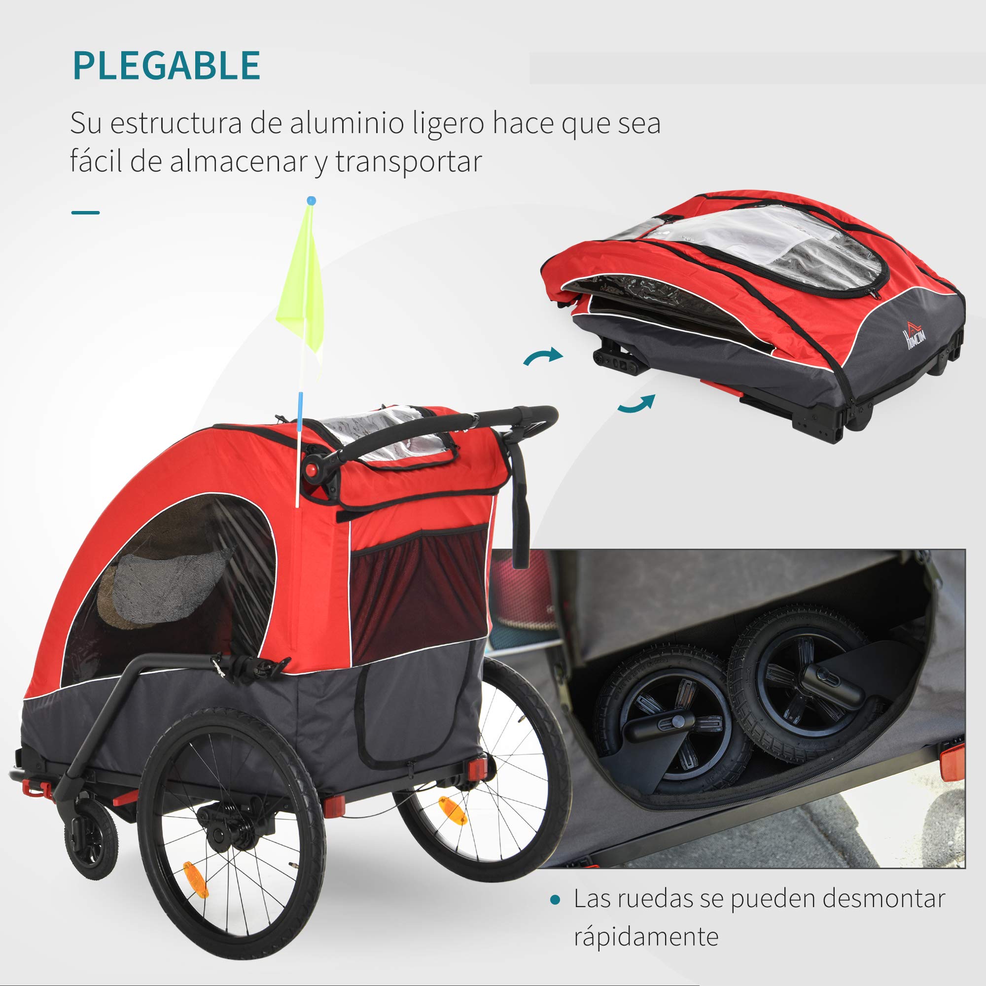 HOMCOM Remolque Infantil 3en1 para Bicicleta Carro de 2 Plazas para Niños de +6 Meses Plegable Ruedas Giratorias y Manillar Ajustable 150x85x107 cm