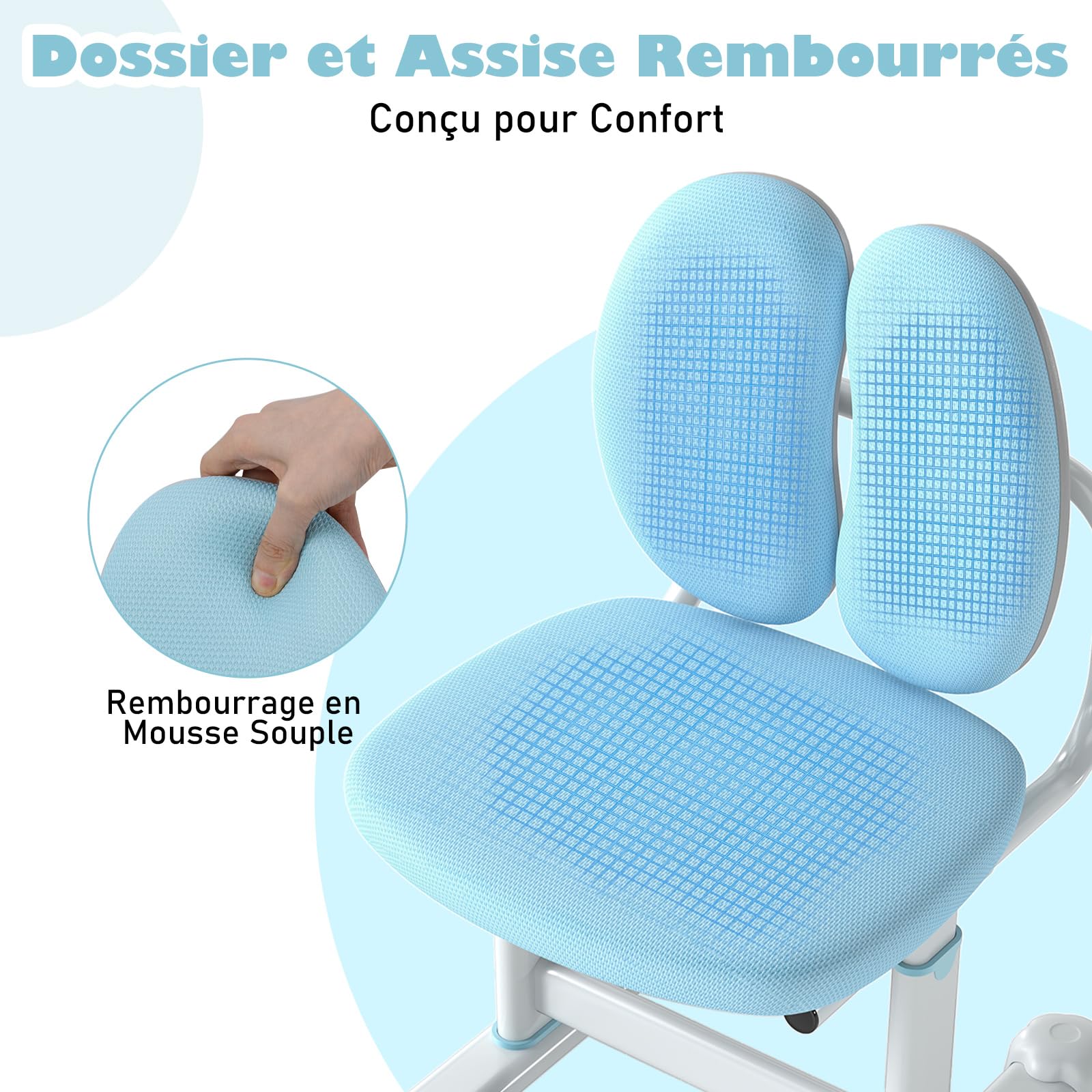 COSTWAY Chaise de Bureau Enfant avec Hauteur Réglable & Dossier Ergonomique, Fauteuil de Bureau avec Maille Respirante & Patins Ajustables, Charge 100kg pour Filles Garçons de 6-12 Ans (Bleu)
