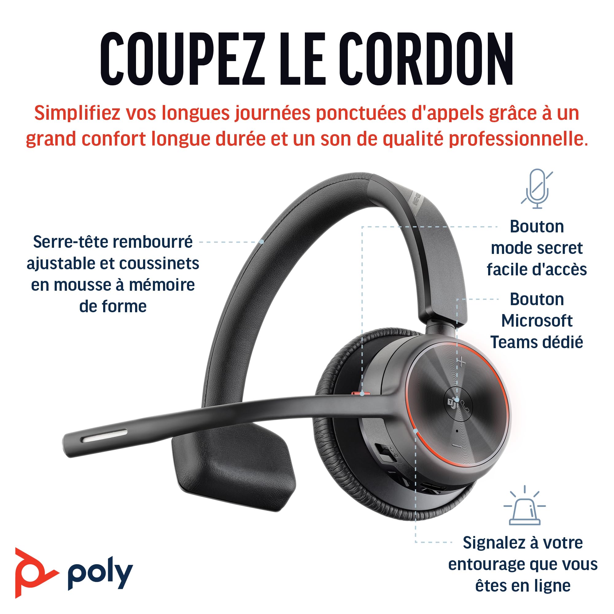 Micro-casque sans fil Poly Voyager 4310 UC - Micro-casque Bluetooth monaural avec perche de microphone antibruit - Connexion à un PC/Mac/Téléphone portable via Bluetooth - Fonctionne avec Teams, Zoom