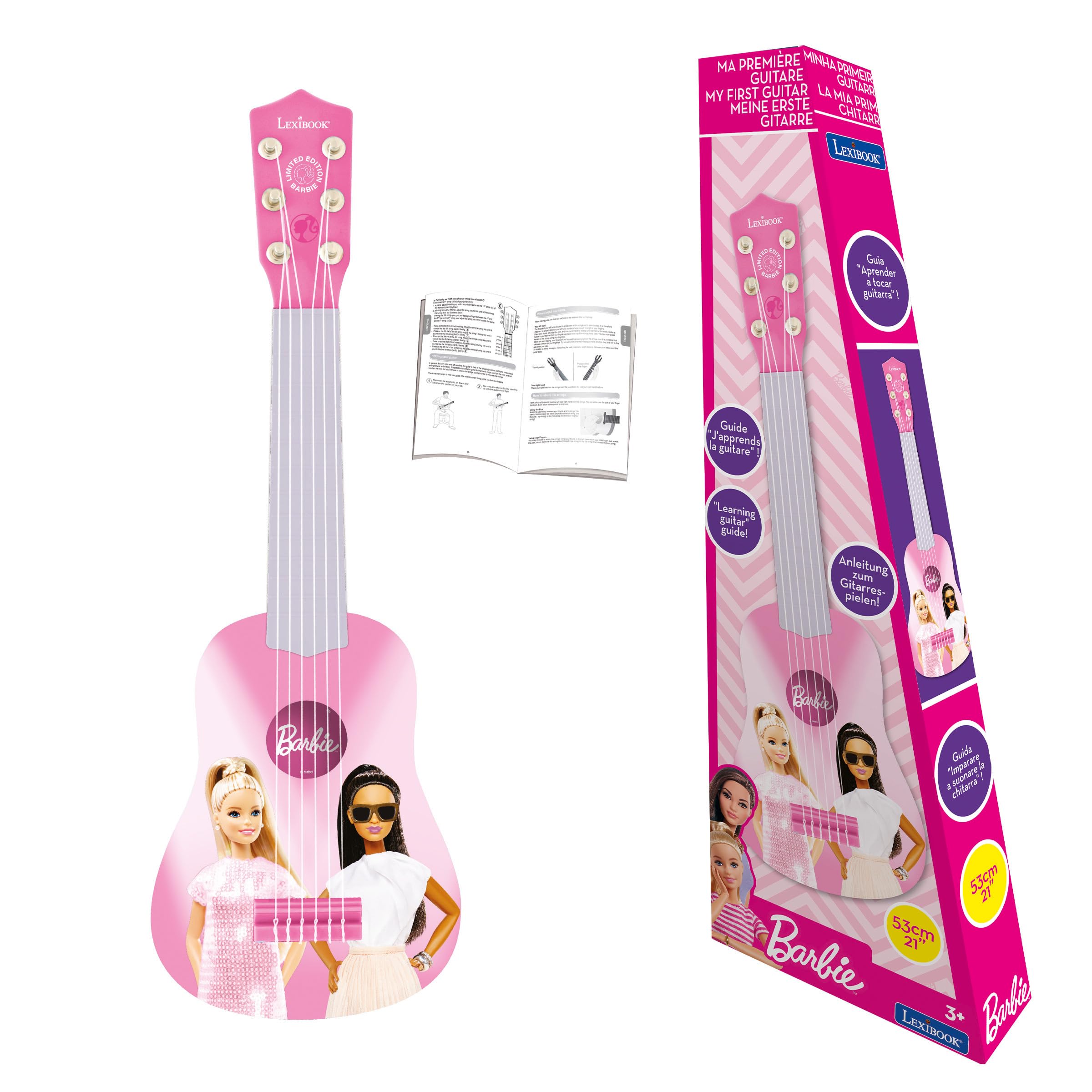 Lexibook Barbie, My First Guitar for Children, 6 Nylon Strings, 21’’ Long, Guide Included, Pink, K200BB