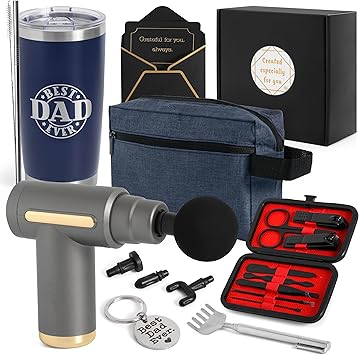 Dad Gift Box – Relaxation & Self Care Kit with Massage Gun, 20oz Tumbler, Toiletry Bag, Grooming Set – Birthday, Father’s Day Gifts for Him, Husband, Men Who Have Everything & Promoted to Dad