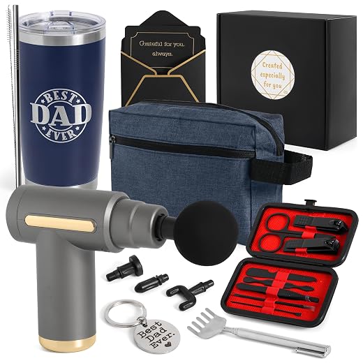 Cesta de presente para papai - conjunto de presente de 7 peças para papai, pistola de massagem, copo de 590 ml, bolsa de higiene, kit de manicure, arranhador de costas, chaveiro e cartão