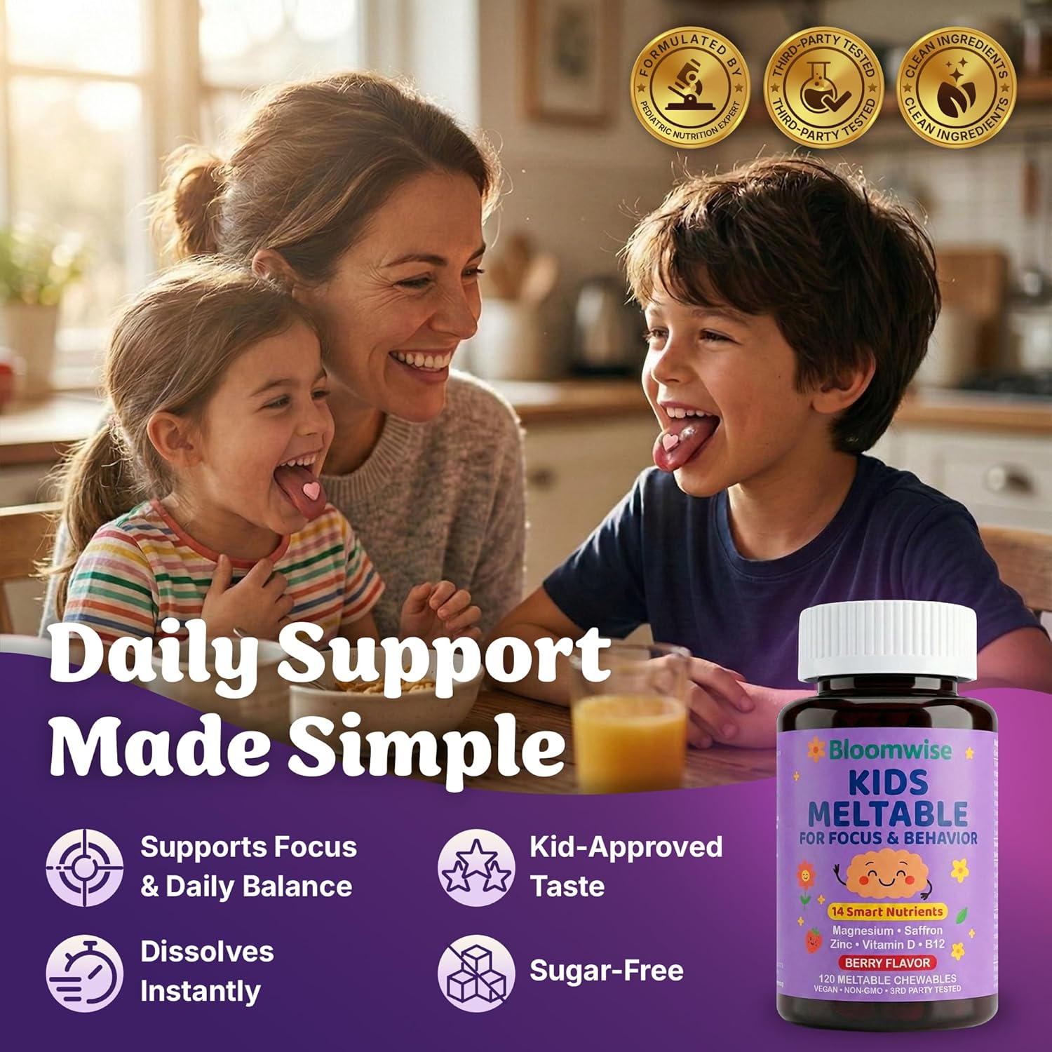 Bloomwise Kids Meltable Supplements, Magnesium Glycinate, Saffron, L-Theanine, Myo-Inositol, Choline, Taurine, Probiotic Blend, Prebiotic, Elderberry Vitamin D3, C, A, Folate, Zinc 120 Berry Chewables