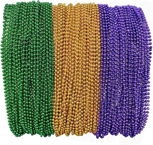 THE MARDI GRAS KREWE Cuentas de Mardi Gras, 33 pulgadas, 0.276 in, 120 collares (morado, verde, dorado), paquete a granel para recuerdos de fiesta,
