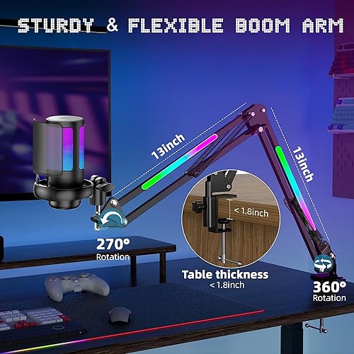 Miniatura 6 de KingSom Micrófono USB para juegos, micrófono condensador de cancelación de ruido con brazo de brazo RGB, micrófonos para podcast RGB para