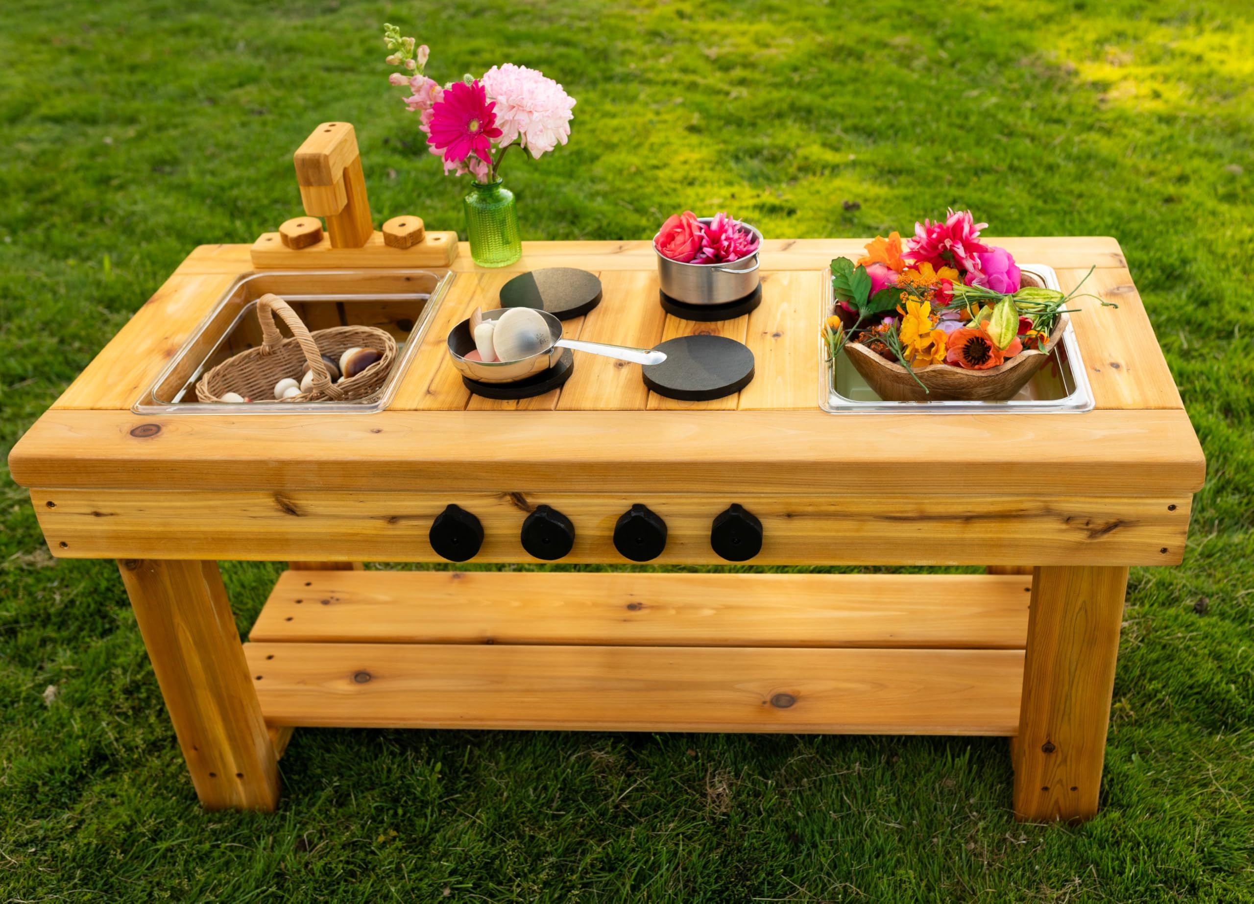 Noble Toys XL Cedar Outdoor Mud Kitchen Centered with Stovetop for Toddlers and Kids | Pretend Play Toddler Table | Sensory Table | Outside Playset | Real Wooden Kitchens | Preschool Equipment