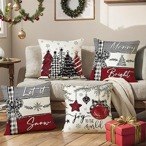Miniatura 7 de Juego de 4 fundas de almohada de Navidad a cuadros rojos y grises de 18 x 18 pulgadas, diseño de bolas de árbol de nieve para sofá