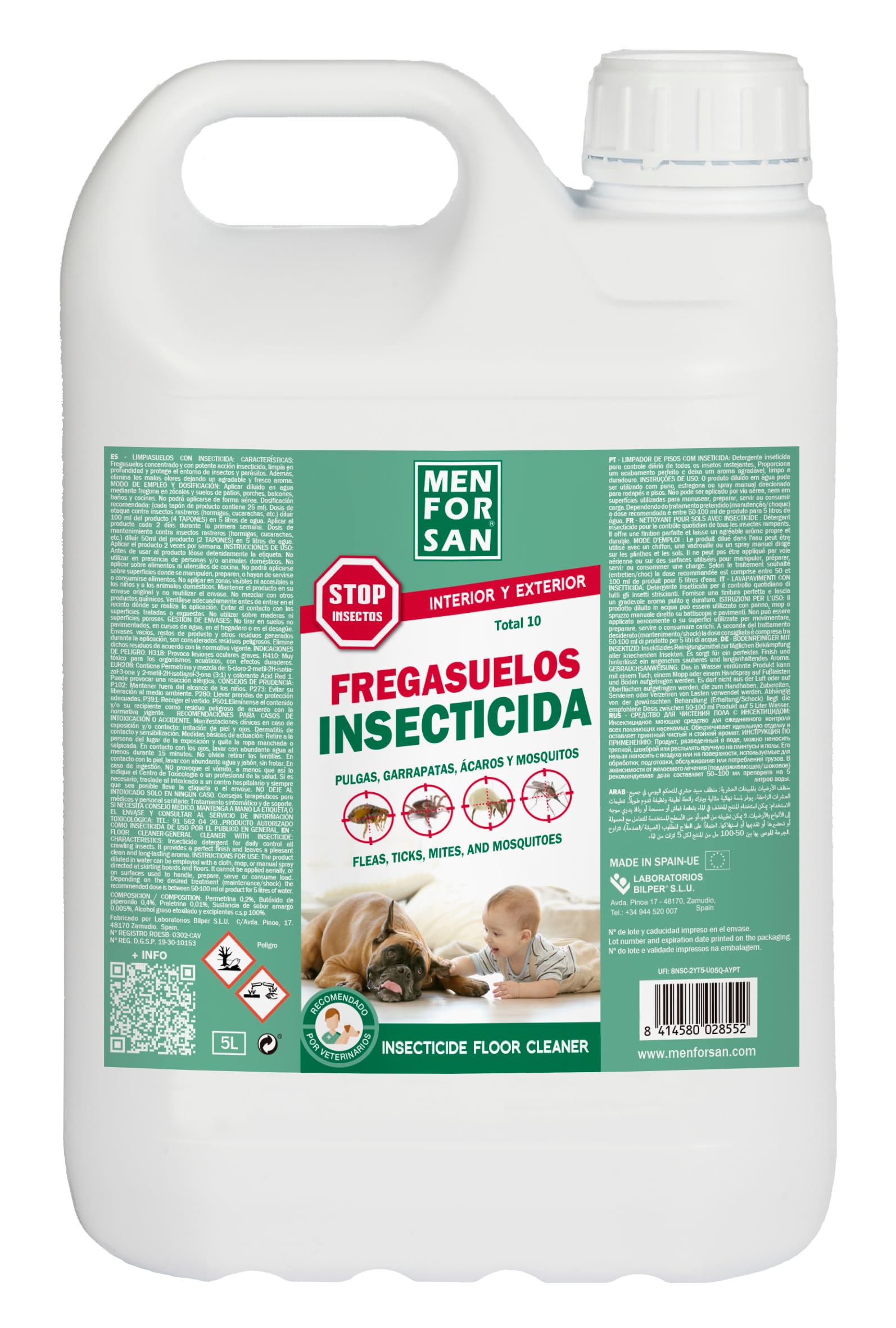 Menforsan Menforsan Total 10, Limpiasuelos Insecticida, Elimina y Protege el Entorno de la Mascota y el Hogar, para Interior y Exterior, 5L