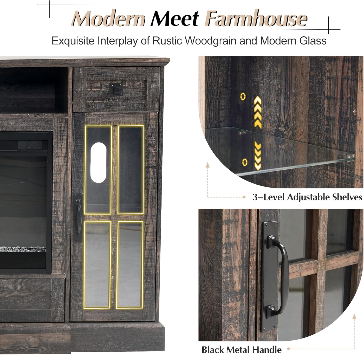 70" Farmhouse Fireplace TV Stand with 42" Large Fireplace, Bright Glass Doors with 7colors LED Lights, Entertainment Center with Storage Drawers & Cabinets for TVs up to 80", Dark Oak Wood