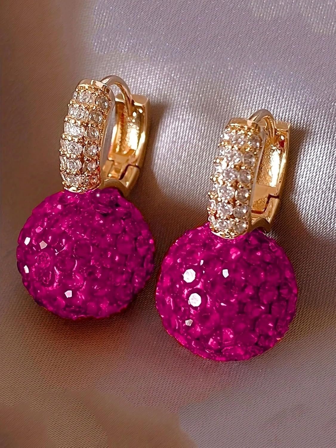Elegant Hot Pink Rhinestone Embellished Ball Design Pendant Earrings For Women Disco Earrings Birthday Jewelrys