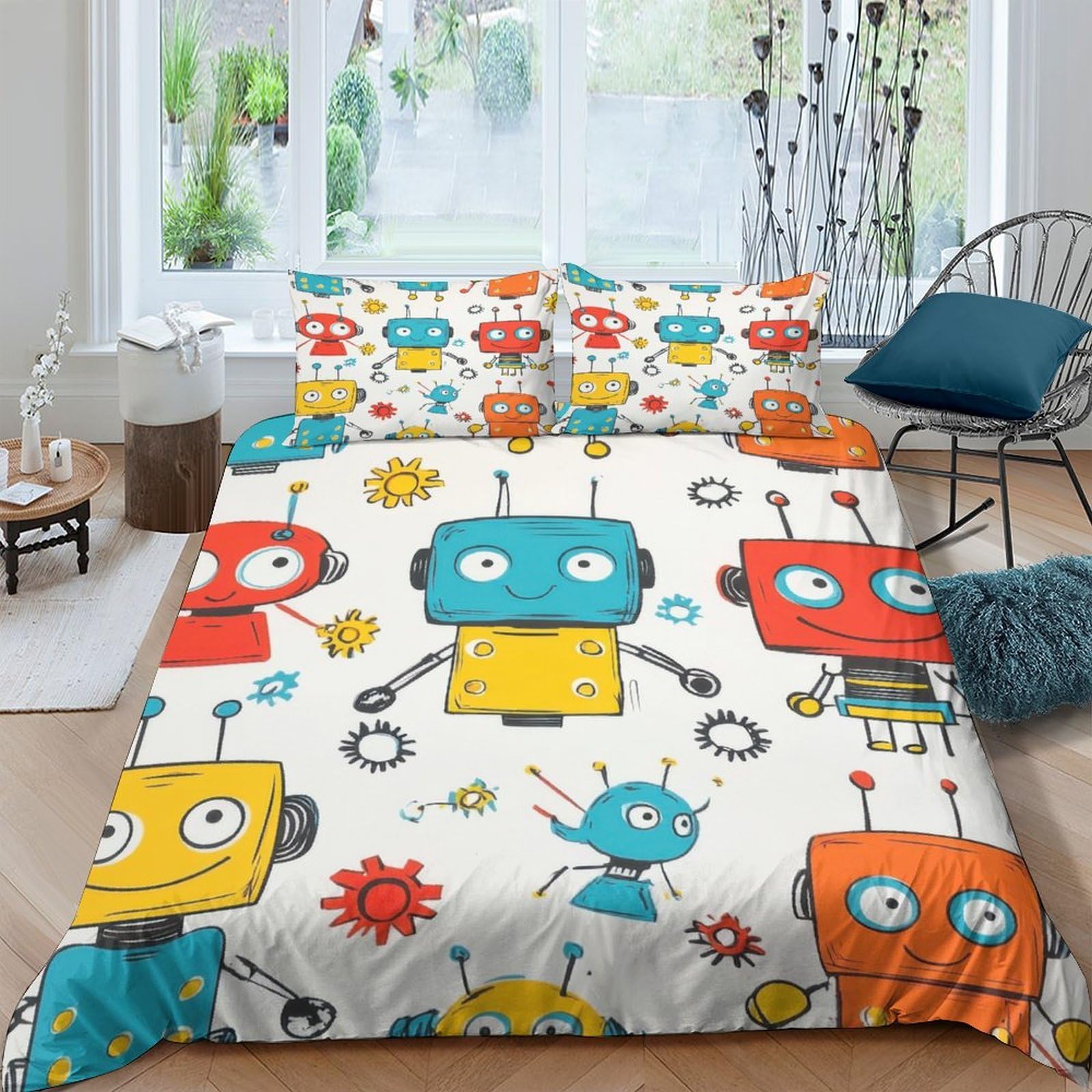 GPLZQXKJNH 3D Printed Colorful Robot Duvet Cover Microfiber Soft Kids Cartoon Bedding Set with 2 Pillowcases for Bedroom Decor Single（135x200cm）