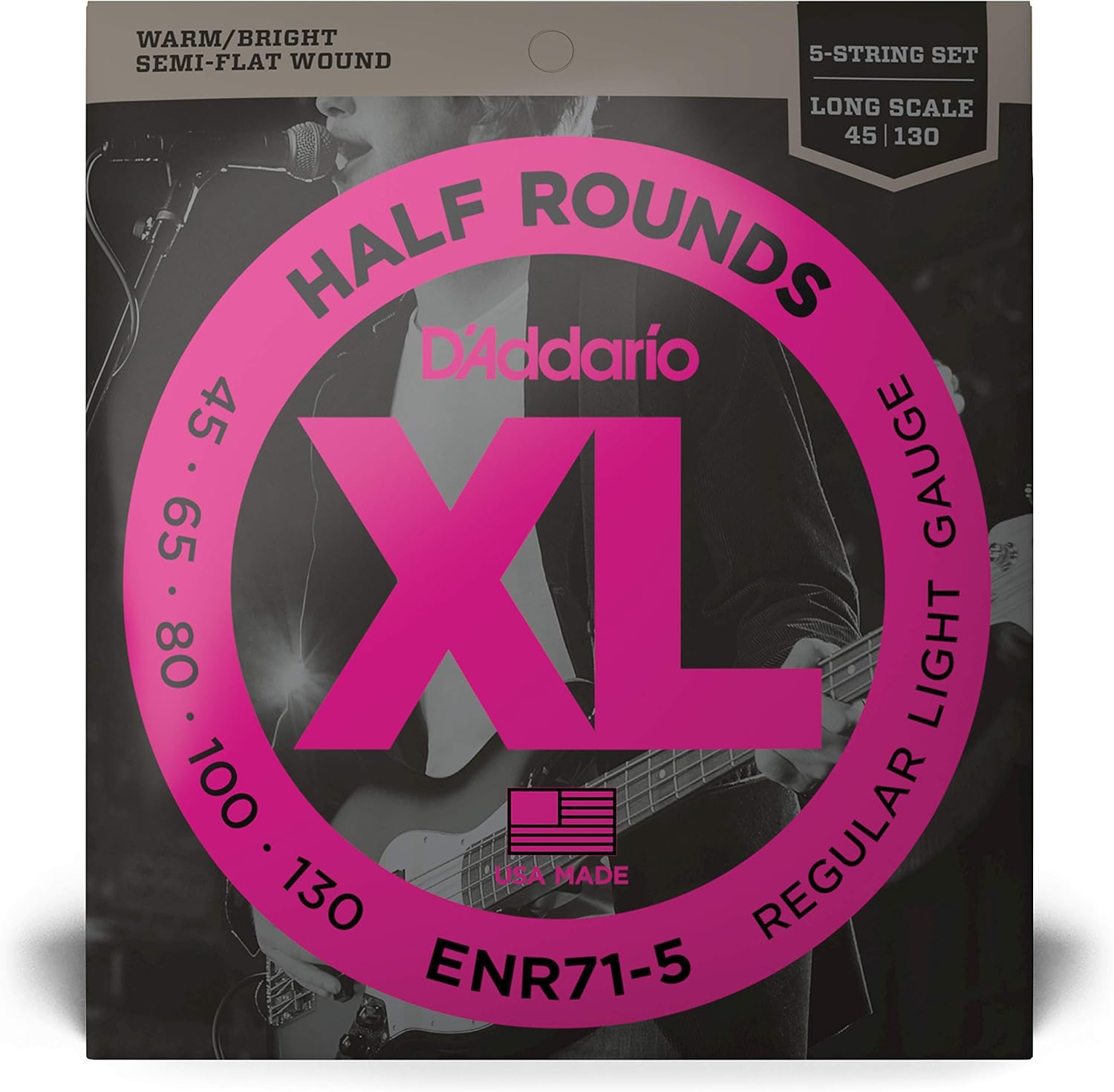 D'Addario XL Half Rounds Bass Guitar Strings - ENR71-5 - 5 String - Long Scale - Regular Light, 45-130