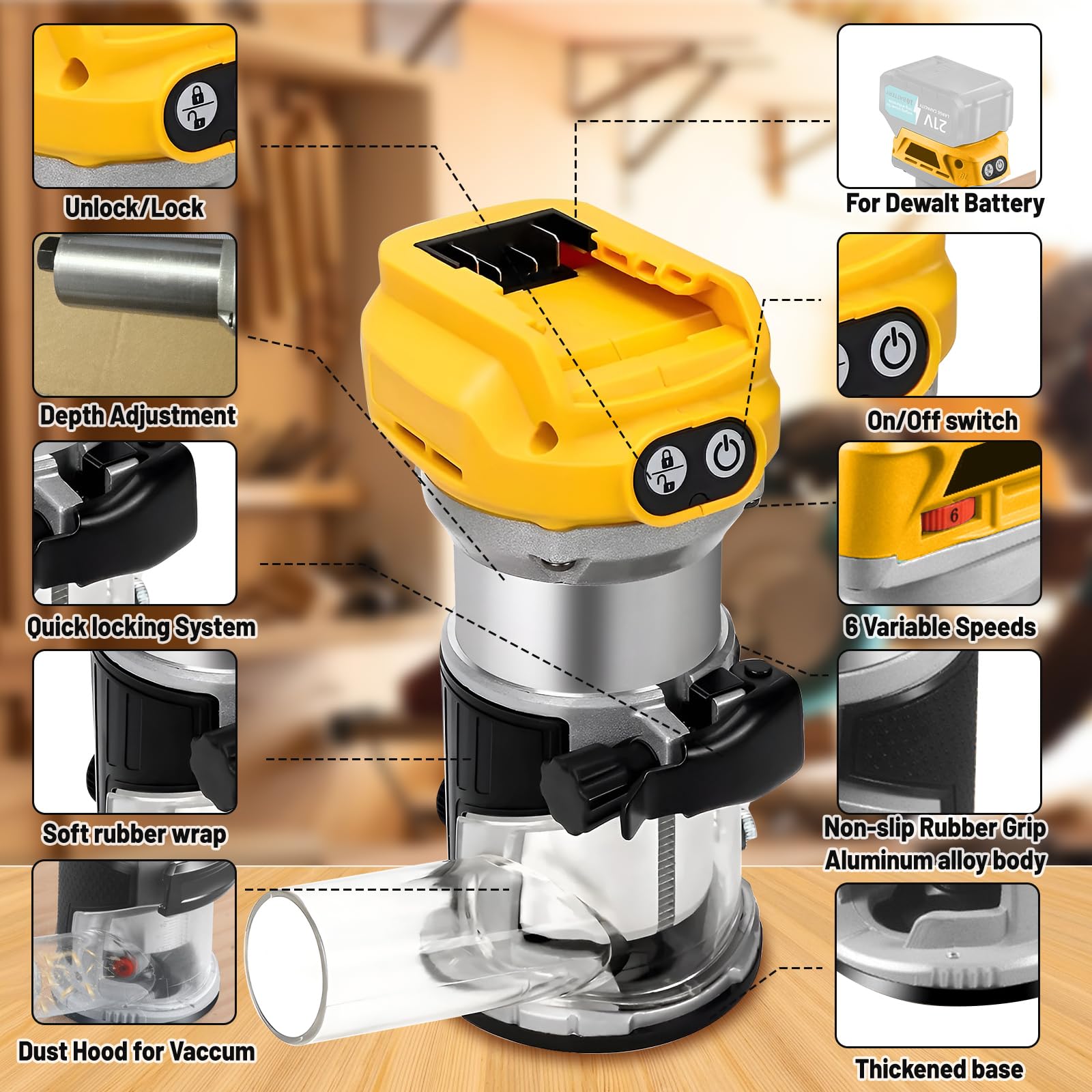 Accu bovenfrees compatibel met Milwaukee 18 V accu (zonder Batterij), 800 W borstelloze houttrimmer met 10.000-30.000 rpm, 5 snelheden, rechte geleiding en 15 freesbits, handfrees voor houtbewerking