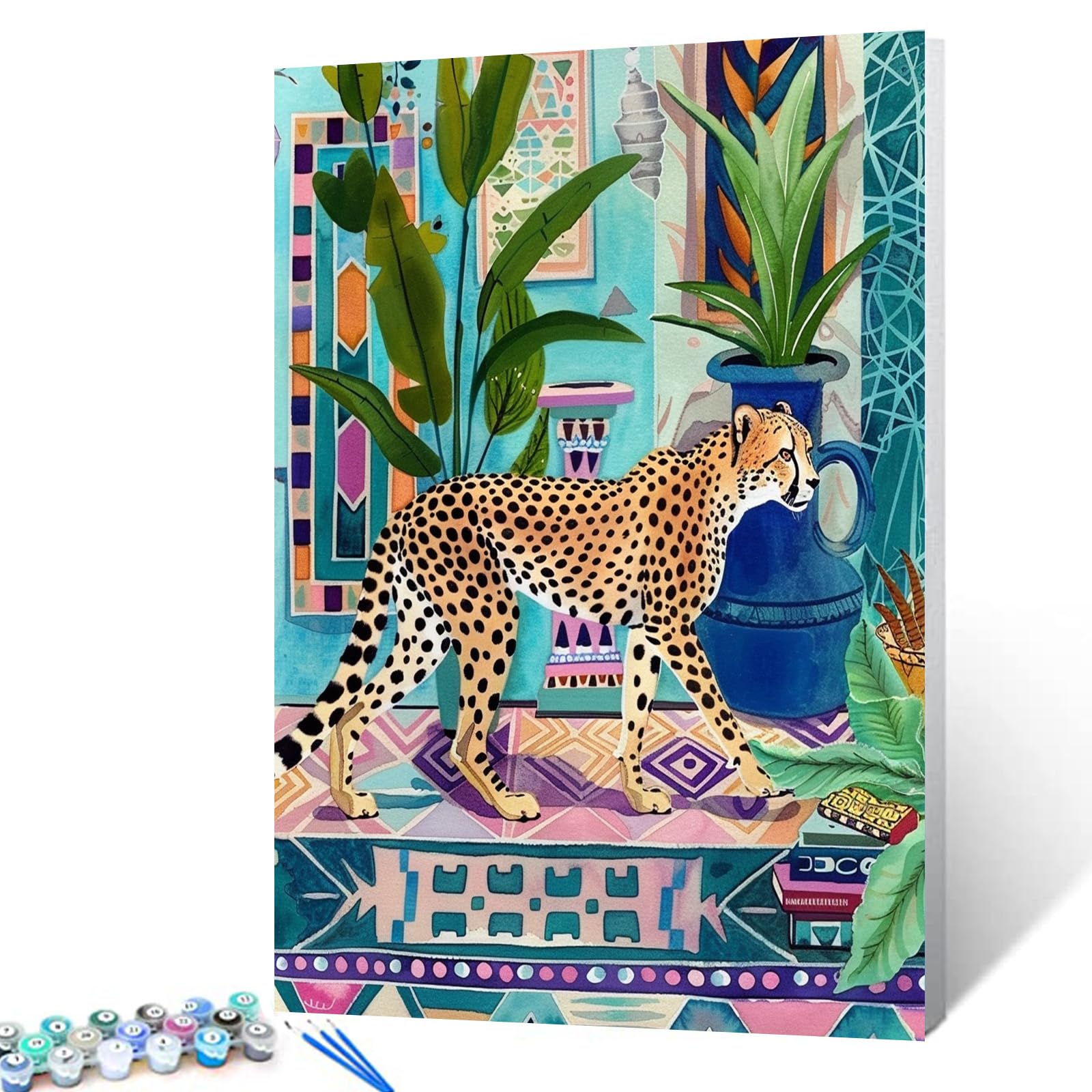 Animal Cheetah Digital Paint by Numbers Kits with Brushes Wildlife Cheetah Acrylic Oil Painting for Adults Kid Nordics Homeplants Arts Paintworks