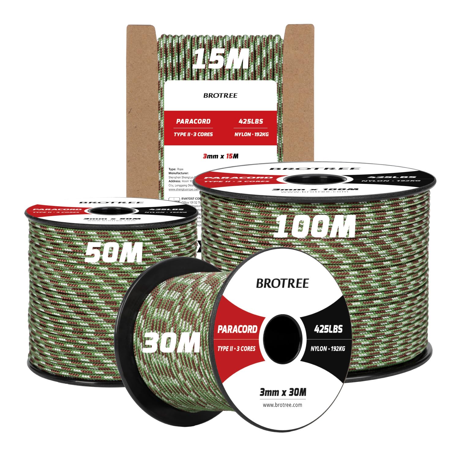 Brotree Army Green Camo 3Mm Paracord 425 100% Nylon 15M Rope 3 Strands Type Ii Parachute Cord For Outdoor, Craft, Diy - 192Kg Breaking Load (Army Green Camo)