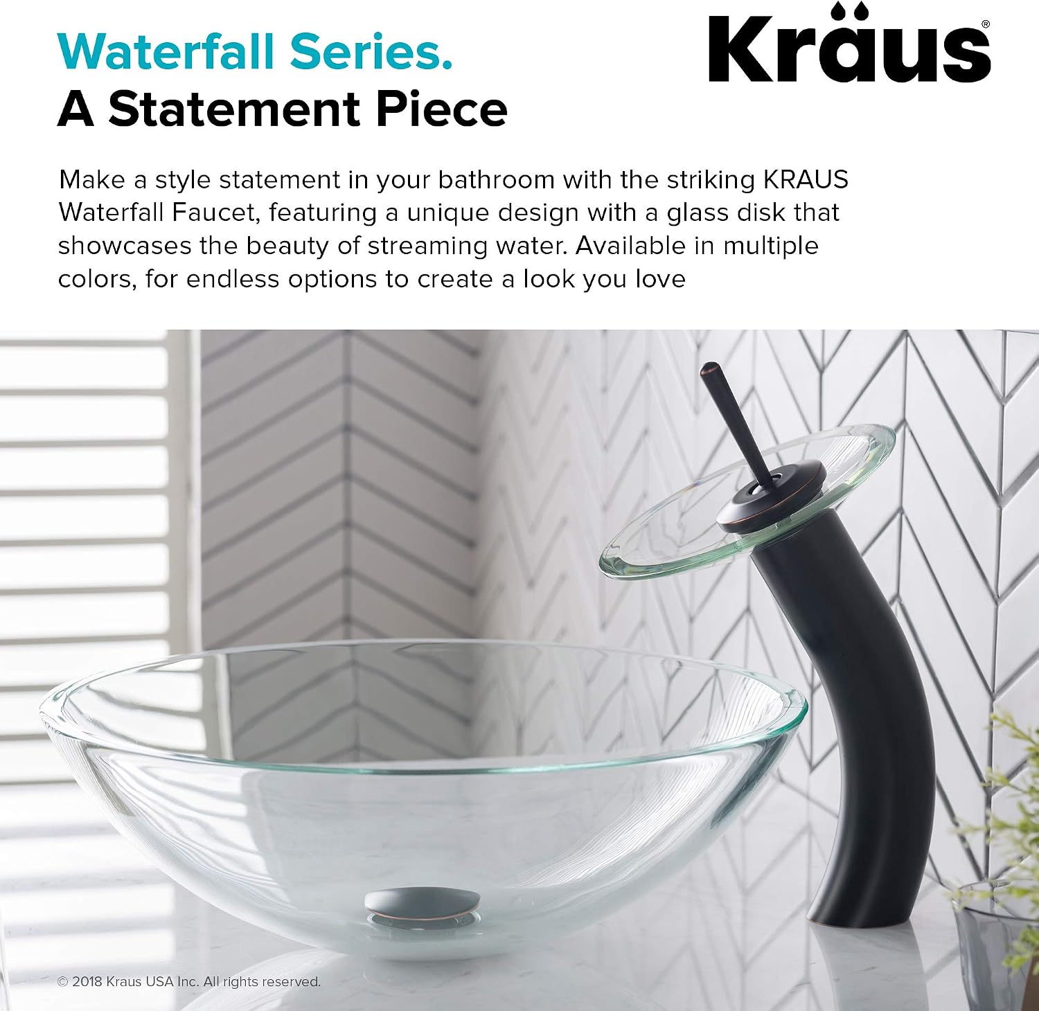 KRAUS Tall Waterfall Bathroom Faucet for Vessel Sink with Clear Glass Disk and Pop-Up Drain, Oil Rubbed Bronze KGW-1700-PU-10ORB-CL