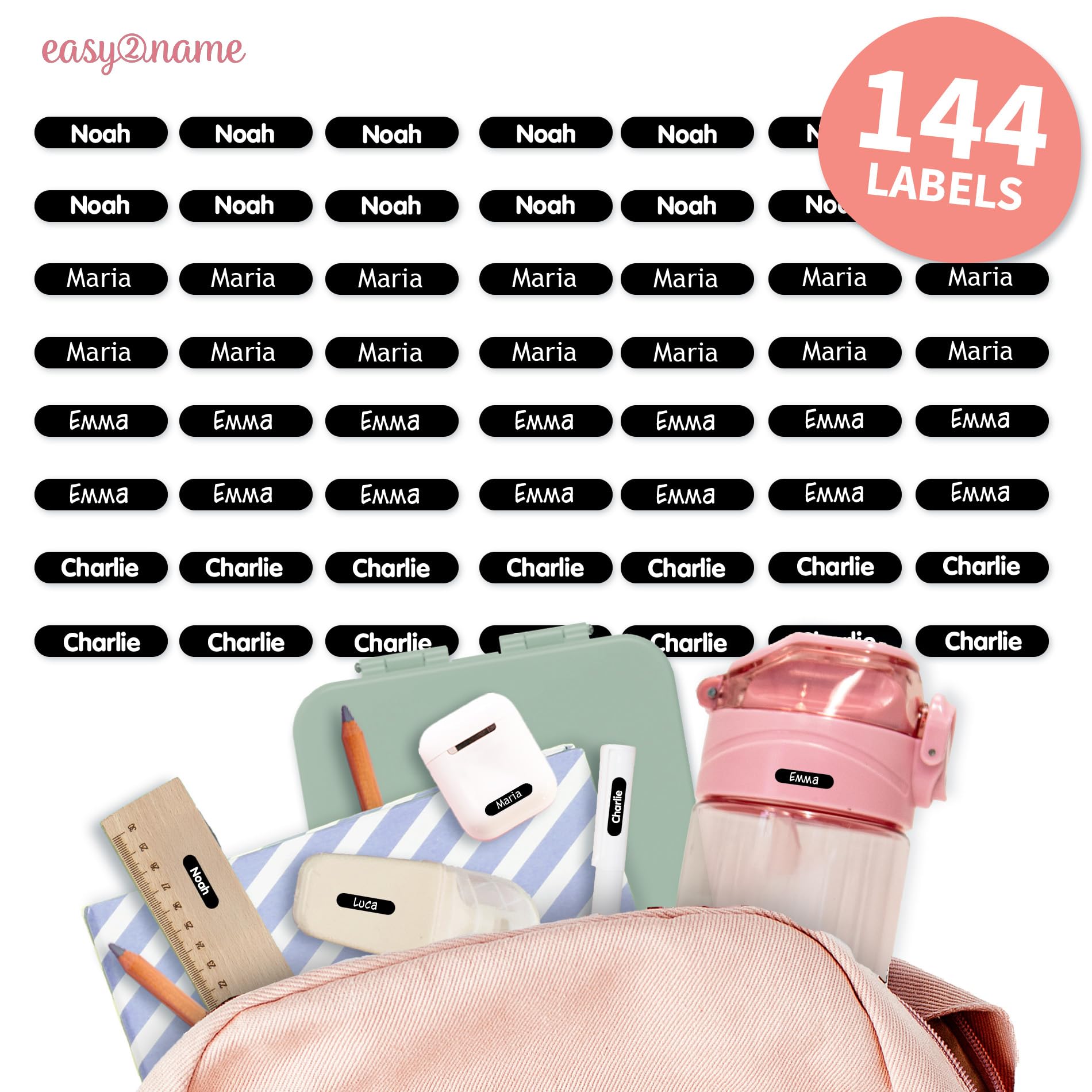 Easy2Name - Personalised mini XS Name Labels - Waterproof Name Stickers for Children and Adults - Ideal as Name Stickers in The Office, Workshop or School - 20x4mm - Coloured (Black, 144)