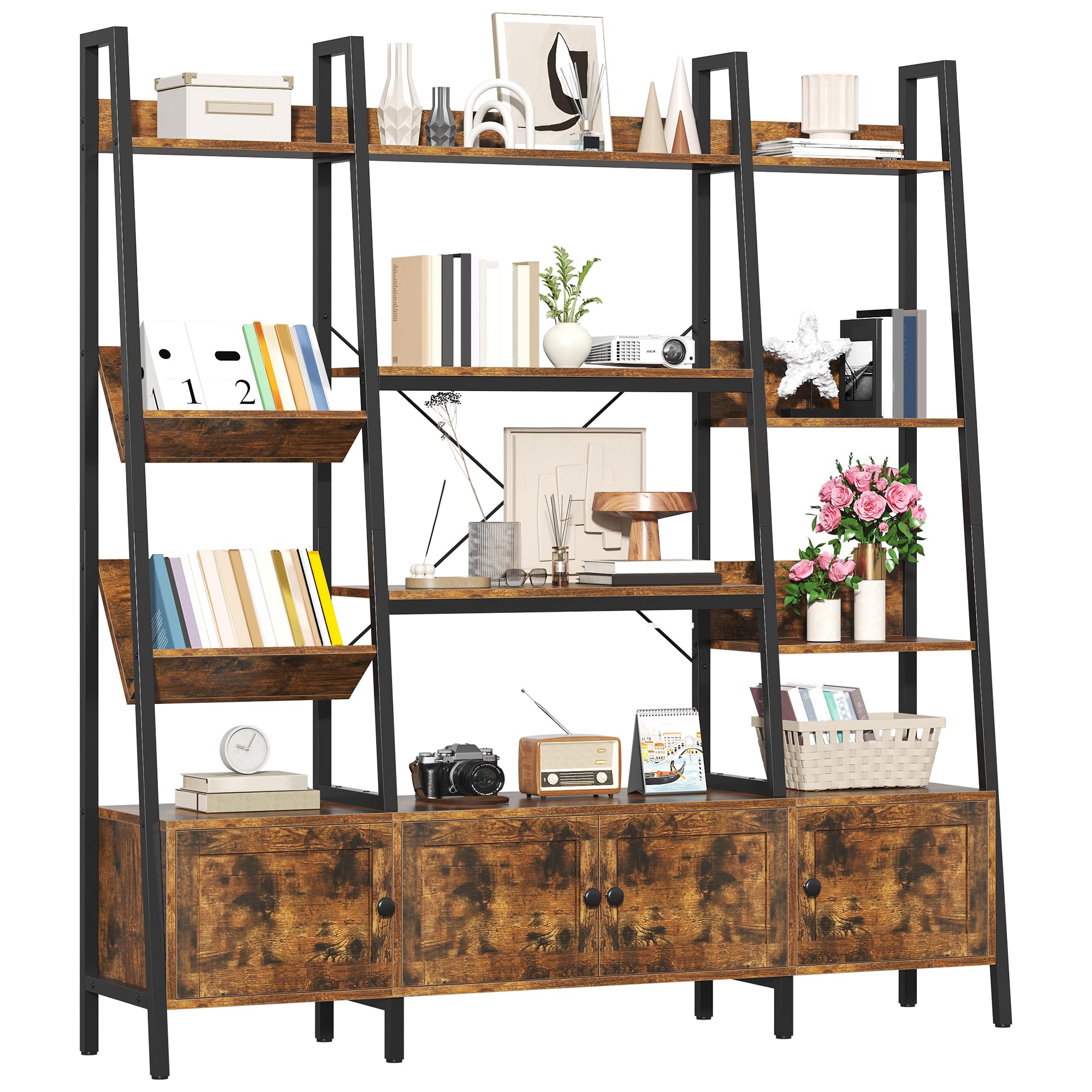 Semoic Ladder Bookshelves with 4 Doors, Triple Wide 4-Tier Large Open Bookshelf with Storage, Etagere Bookcase with Display Shelf for Home Office,