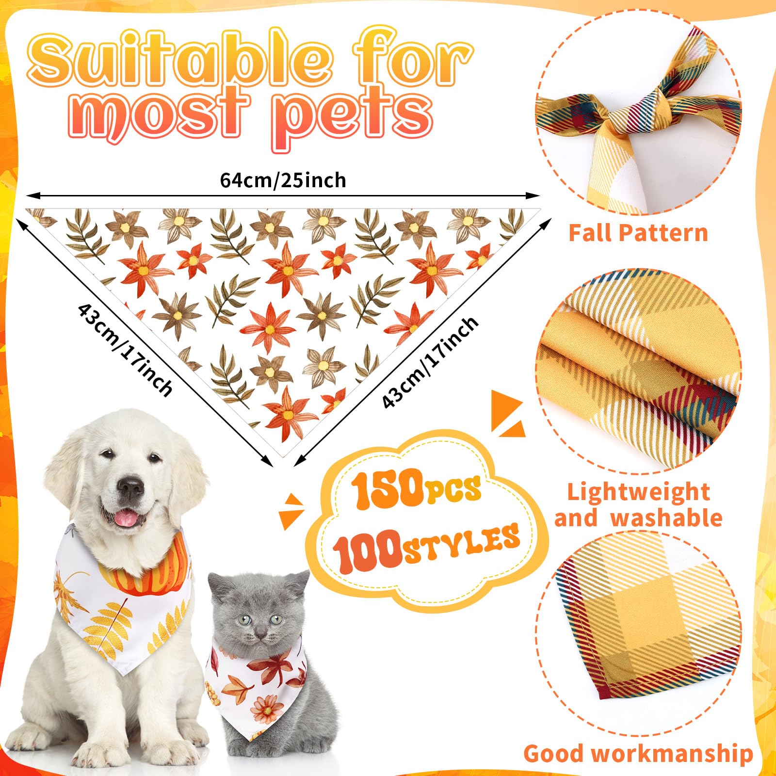 Huhumy 100 bandanas para perros, baberos para mascotas, coloridos pañuelos triangulares para perros medianos y grandes, primavera, verano, cumpleaños, decoración de disfraces (otoño)