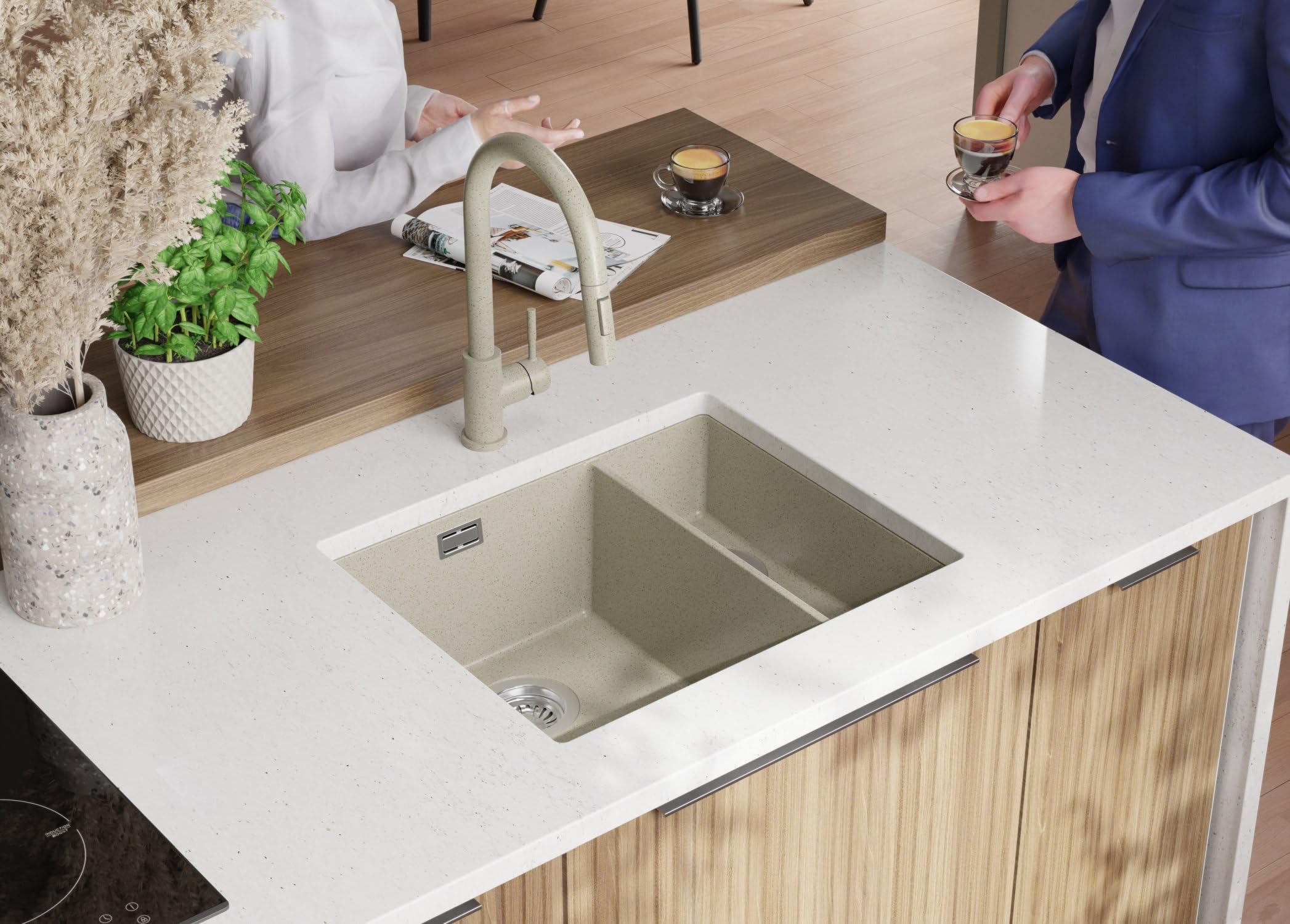 Fregadero bajo Encimera Beige 56x47cm, Fregadero Cocina 1,5 Senos + Sifón, Granito al mueble 60cm - London Duo de Primagran