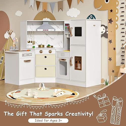 Miniatura 8 de Cocina de madera para niños con luces y sonidos realistas, almacenamiento inteligente, máquina de hielo de simulación, fregadero, estufa, juguete