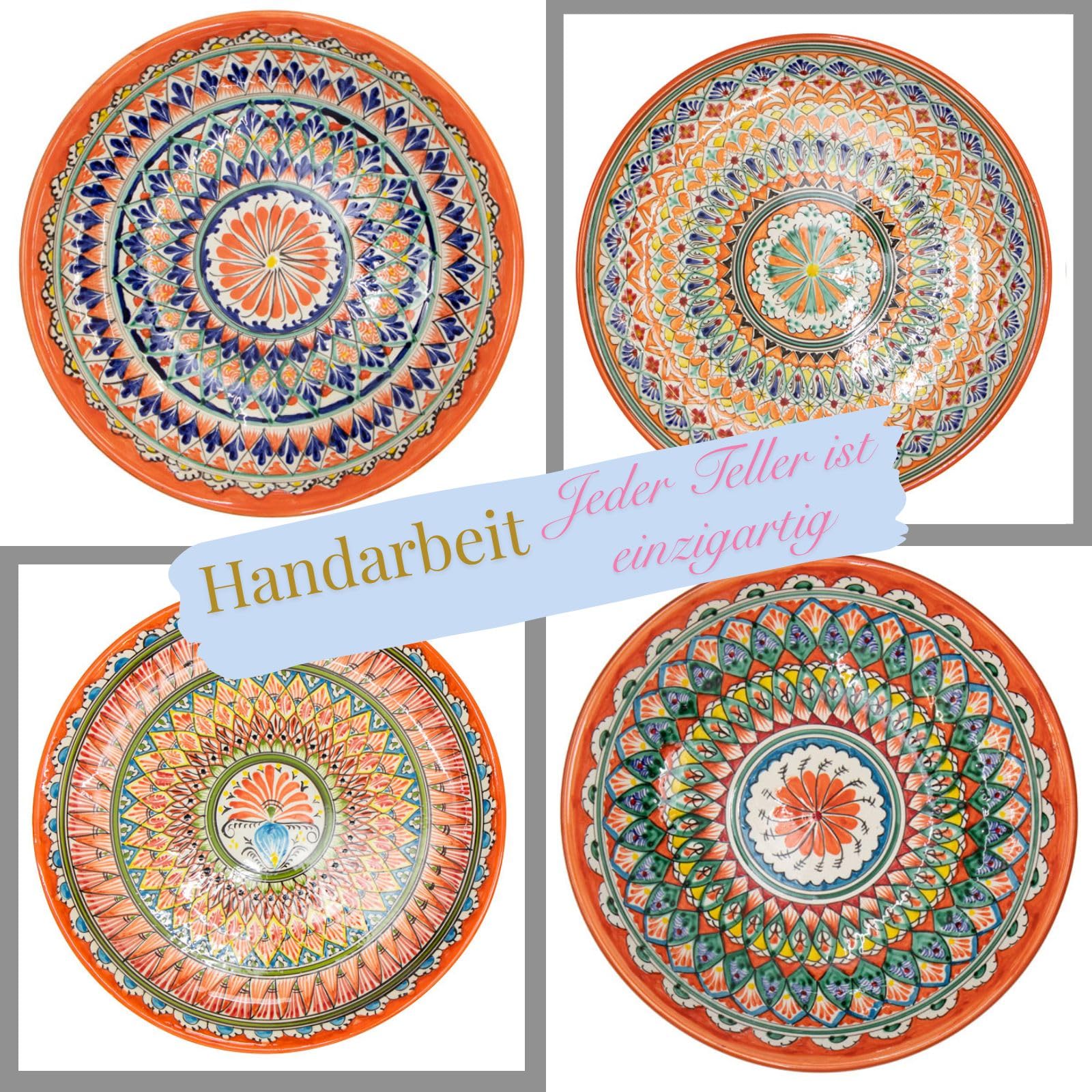 4BIG.fun Usbekische Lagan Ø34 cm Oriental Ljagan Ляган Schale aus Rischtan Keramik handarbeit Glasur Plate Handgemalt Teller Hand-Painted Handgefertigt Earthenware Usbekisch