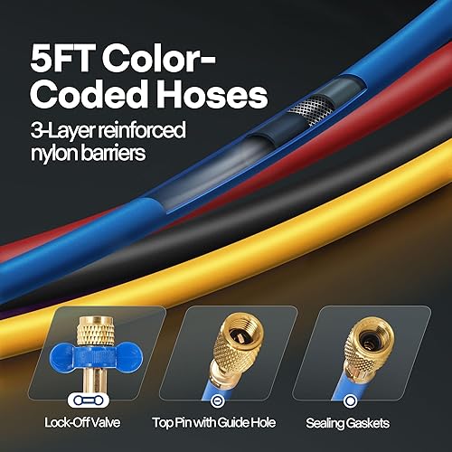 Miniatura 4 de VIVOHOME Bomba de vacío de HVAC de 1 etapa mejorada de 4CFM 13 HP y medidor de colector de CA de 4 vías con detector de fugas, mangueras de 5 pies y