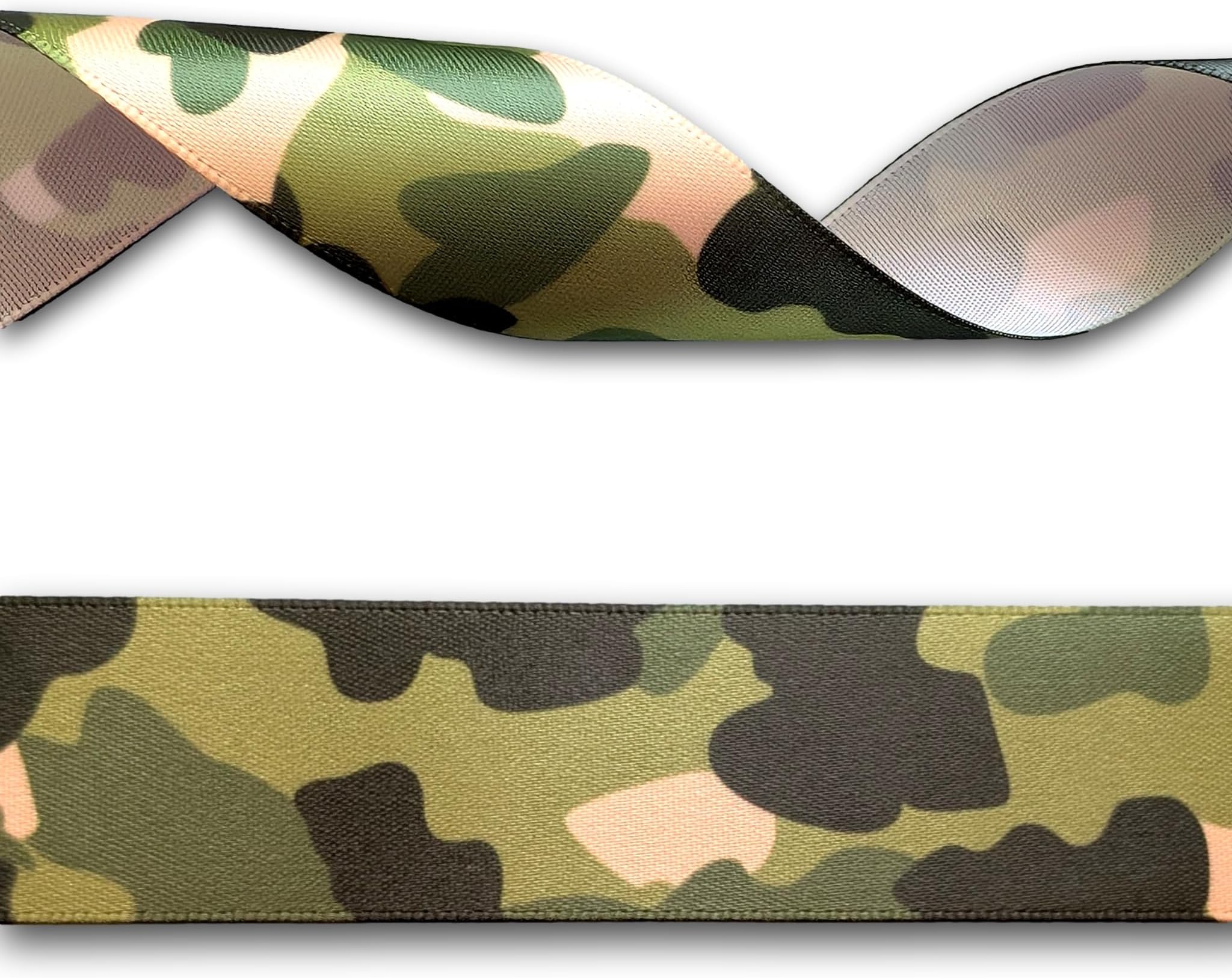 2 Yards (1.82 metres) Green Army Camo Camouflage Satin Ribbon 25mm Wide, Ideal for Craft Projects, Scrapbooking, DIY Hair Bows, Present Wrapping etc.