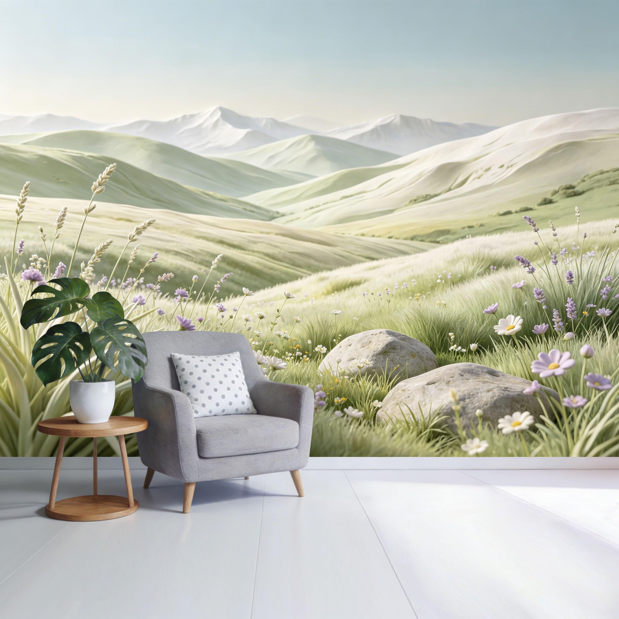 Custom Size Wall Mural Mountain Meadow Landscape Lavender Wildflower Field Pastel Hills Scenic Nature View SelfAdhesive Wall Fabric Removable Wallpaper for Home Office Decor