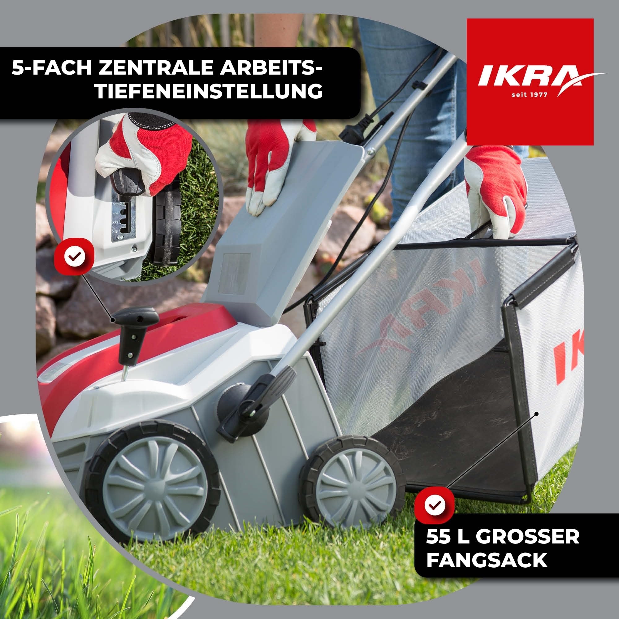 IKRA Elektro Vertikutierer Rasenlüfter IEVL 2000, Arbeitsbreite 40cm, 2000W | Fangkorb 55l, Arbeitstiefe +6 bis –12 mm, werkzeugloser Walzenwechsel, 2in1 Gerät lässt sich auch ohne Fangbehältnis nutzen