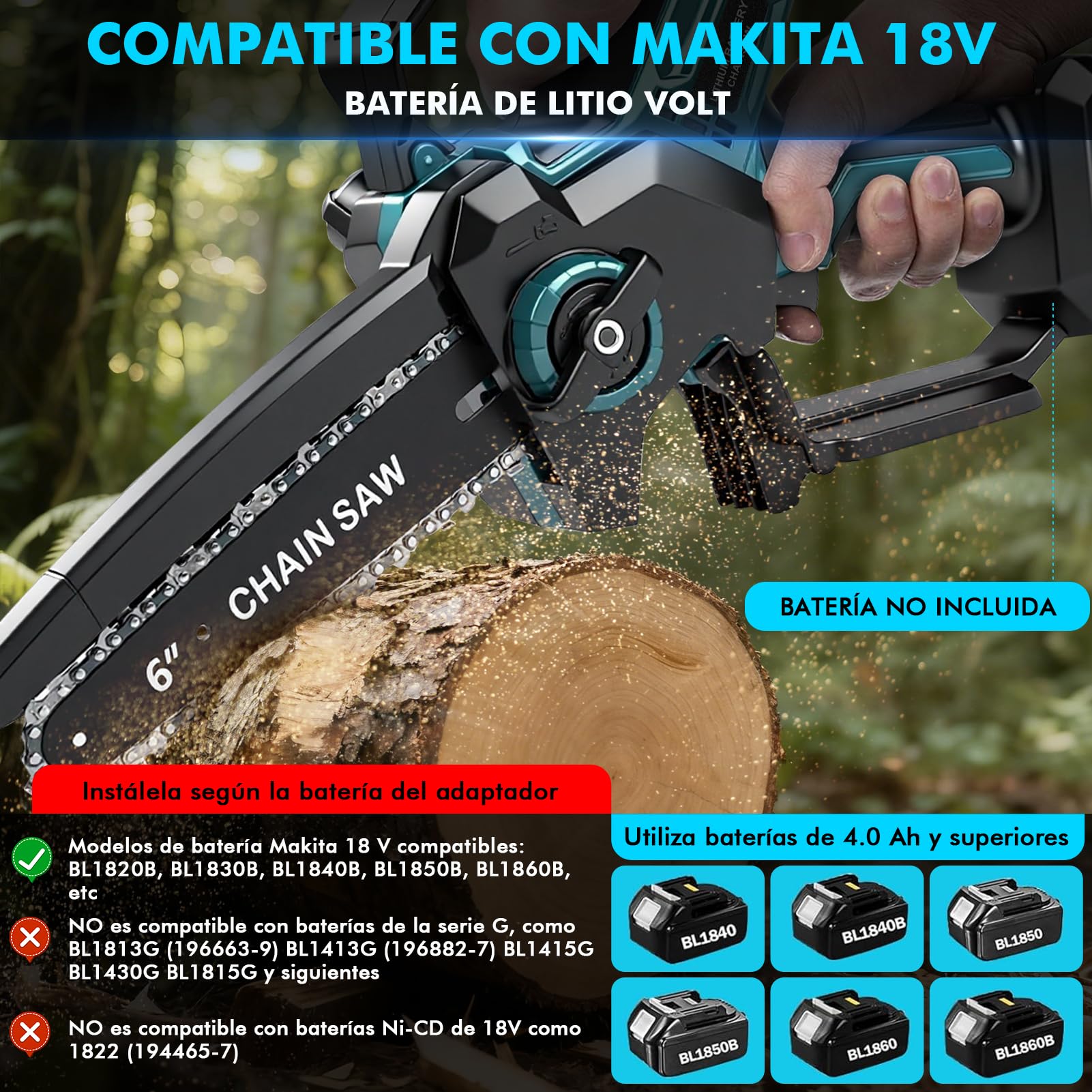 Motosierra Inalámbrica de 6inch-Makita18V Interfaz(Sin Batería) | Juego de Sierra Eléctrica Con Motor Sin Escobillas 600W Con 2 Cadenas de Sierra, fits Bl1820B, Bl1830B