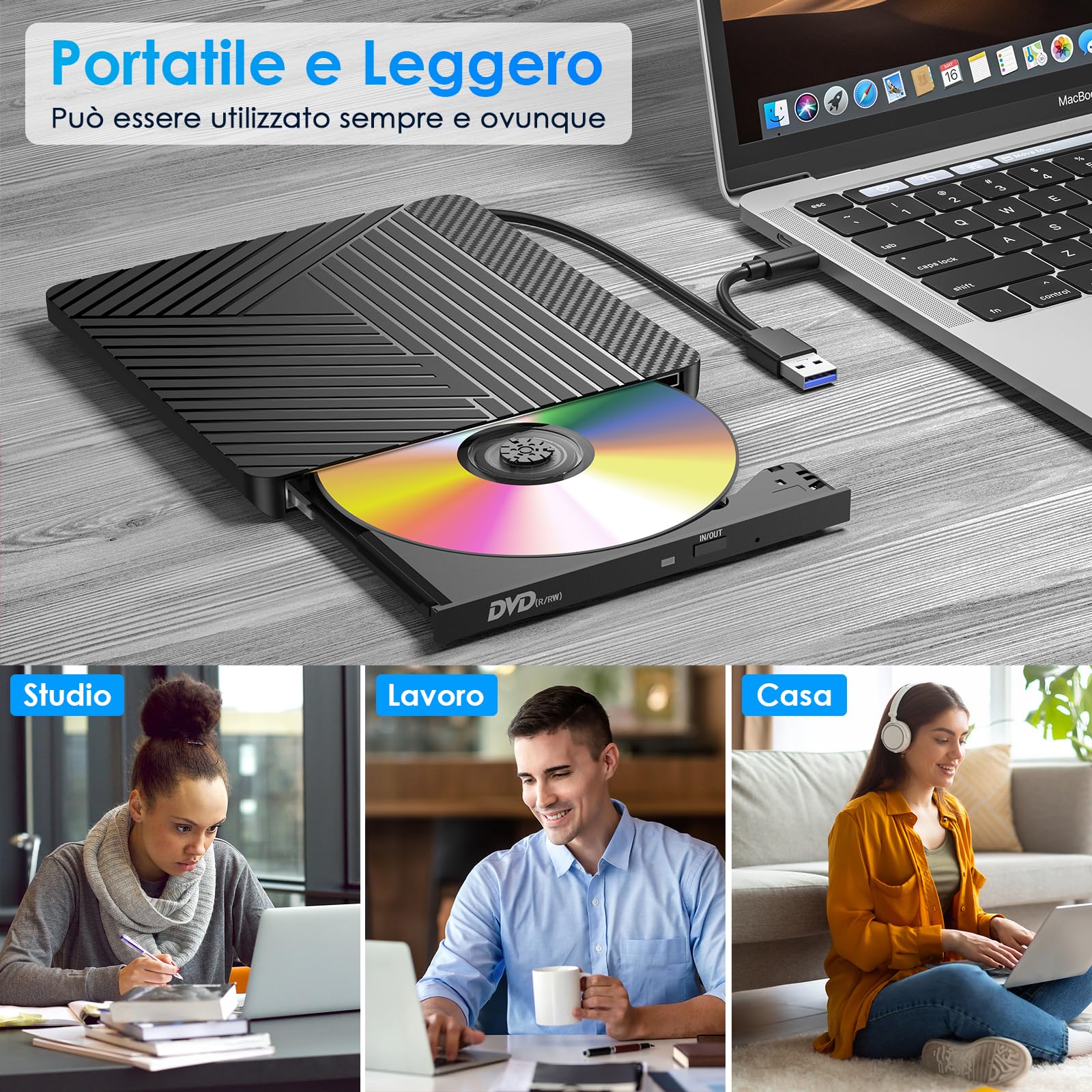 Masterizzatore DVD CD Esterno USB 3.0 Type C Lettore CD DVD +/-RW Drive per PC Laptop Mac