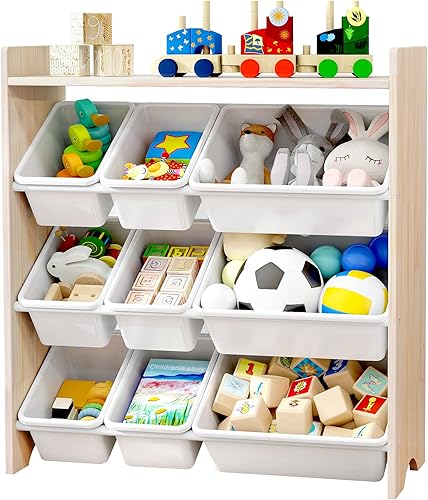 MallBest Organizador de juguetes para niños con 9 contenedores  Estante de almacenamiento de 4 niveles 100% madera maciza para sala de juegos o