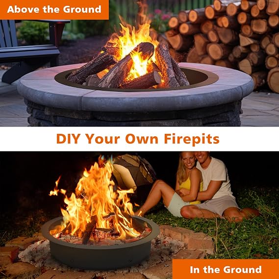 OUSHENG Fire Pit Ring Outdoor, 33 Inch Outer 30 Inch Inner Round Wood Burning Firepit Accessories, DIY Metal Steel Liner Insert for Bonfire Outside Camping Above or In Ground