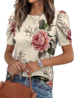 Blouse for Women Dressy Casual Puff Short Sleeve Boho Tops Fashion Floral Crew Neck Tunic Shirts Summer Clothes