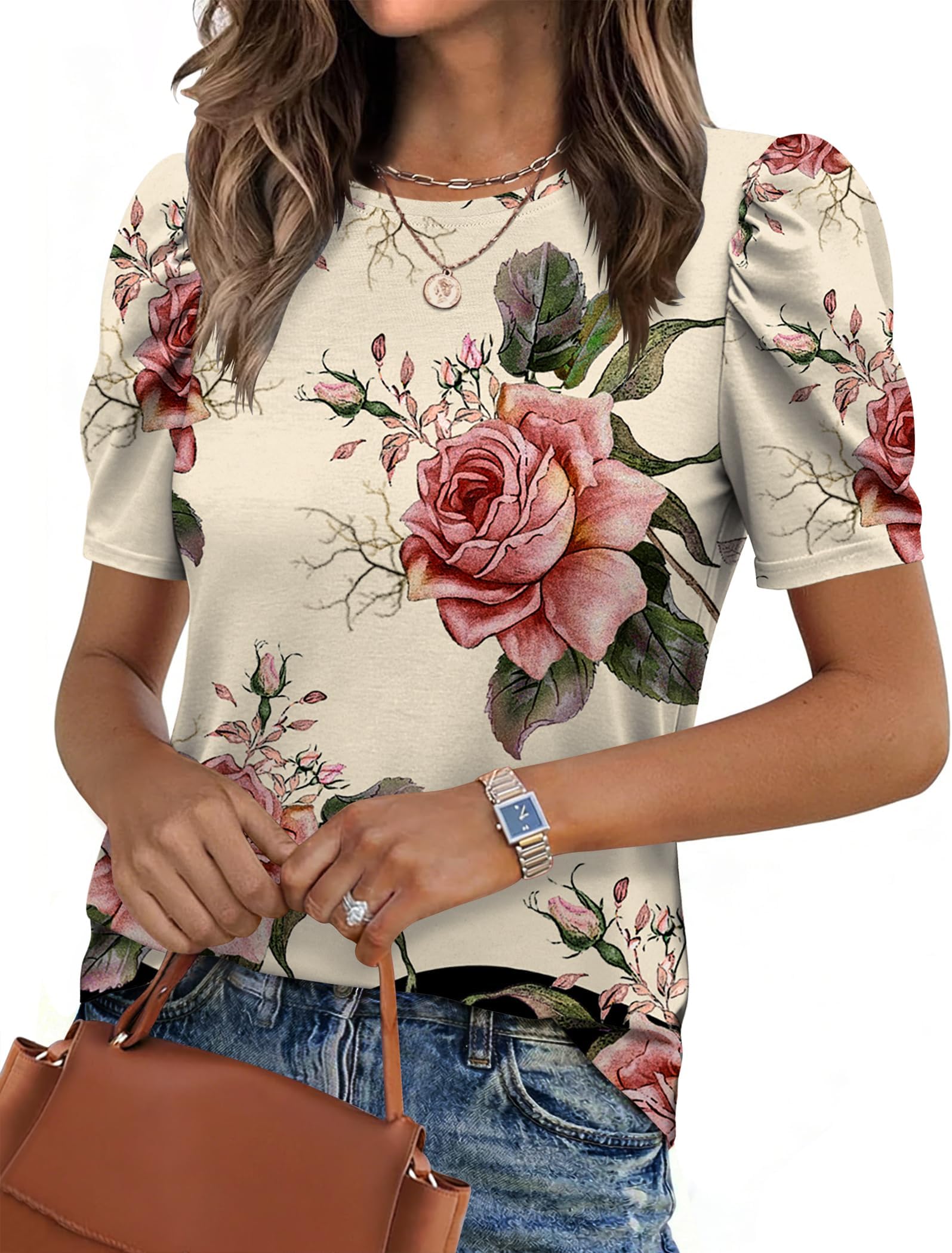 Blouse for Women Dressy Casual Puff Short Sleeve Boho Tops Fashion Floral Crew Neck Tunic Shirts Summer Clothes
