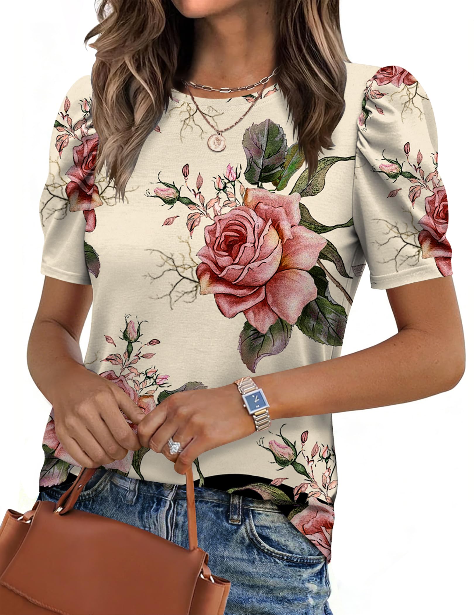 Blouse for Women Dressy Casual Puff Short Sleeve Boho Tops Fashion Floral Crew Neck Tunic Shirts Summer Clothes