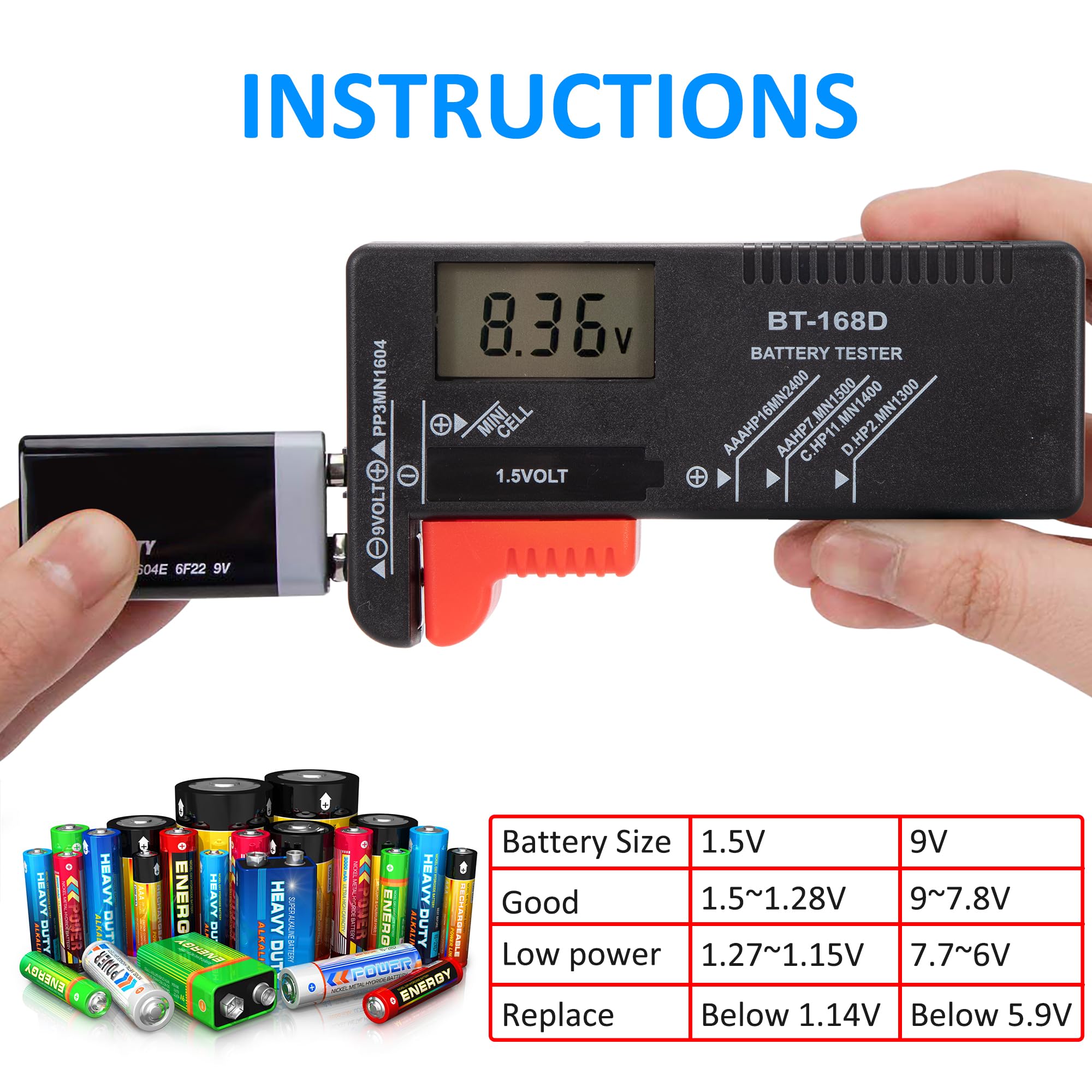 Tunejoy Tester per Batteria Digitale Universale con Display LCD per AA AAA C D PP3 9V 1.5V Bottone