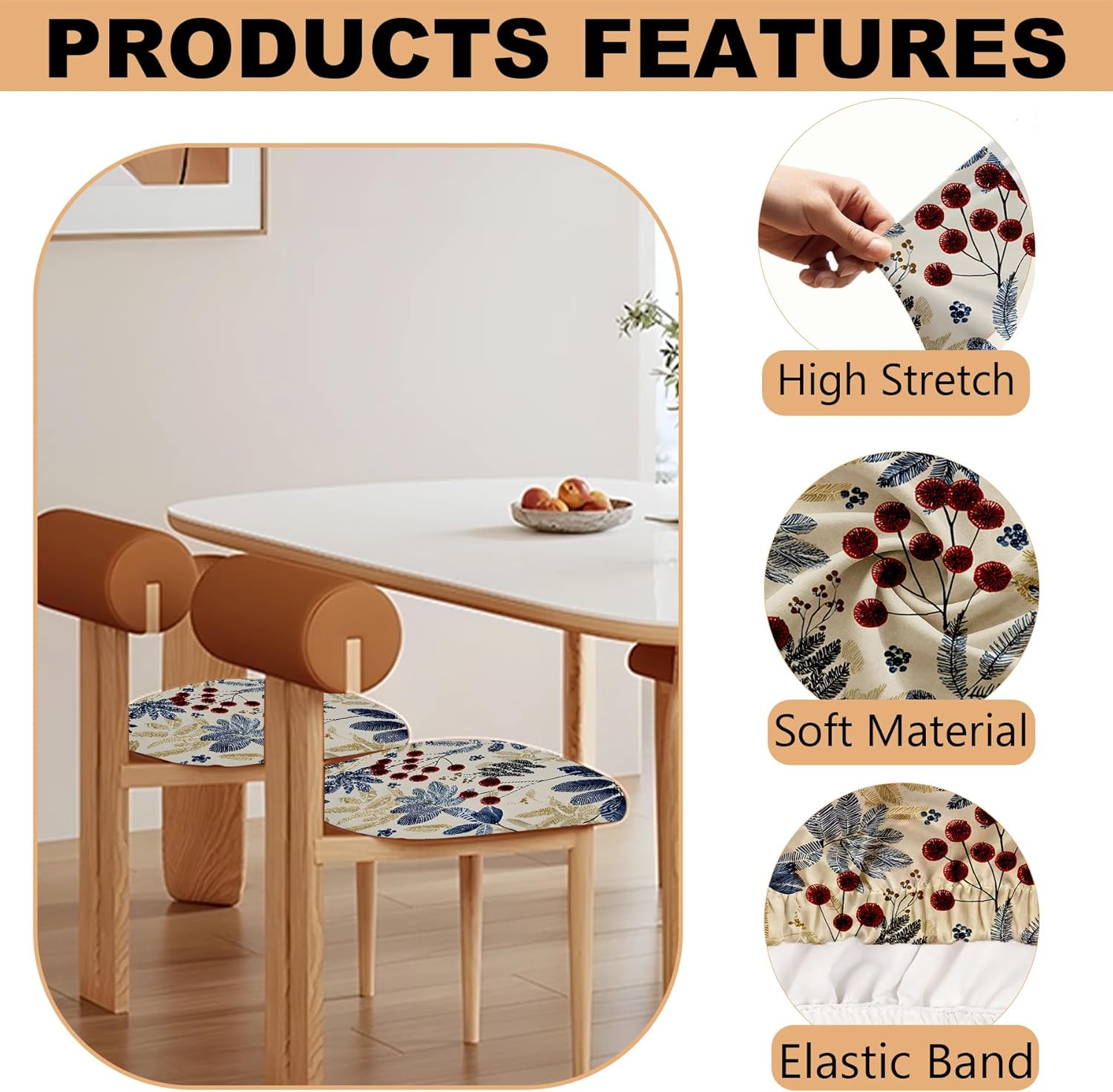 Chair Seat Covers - 6 Pack Waterproof Stretch Printed Dining Room Chair Cover with Elastic Ties Removable Washable Dining Upholstered Chairs Protector (Floral, Pack of 6)