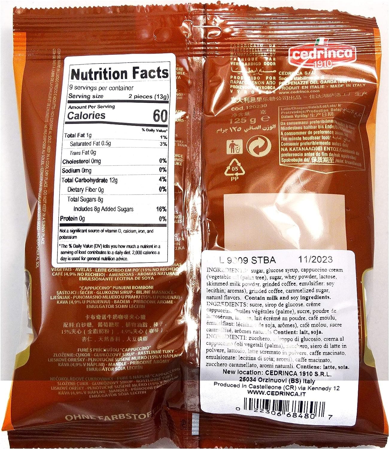 Cedrinca 1910 Cappuccino Candy 4.25 oz. (125g)(Pack of 6) Hard Candy Individually Wrapped - Italian Coffee - Natural Flavors - Old Fashioned Recipe from Italy - Coffee Flavored
