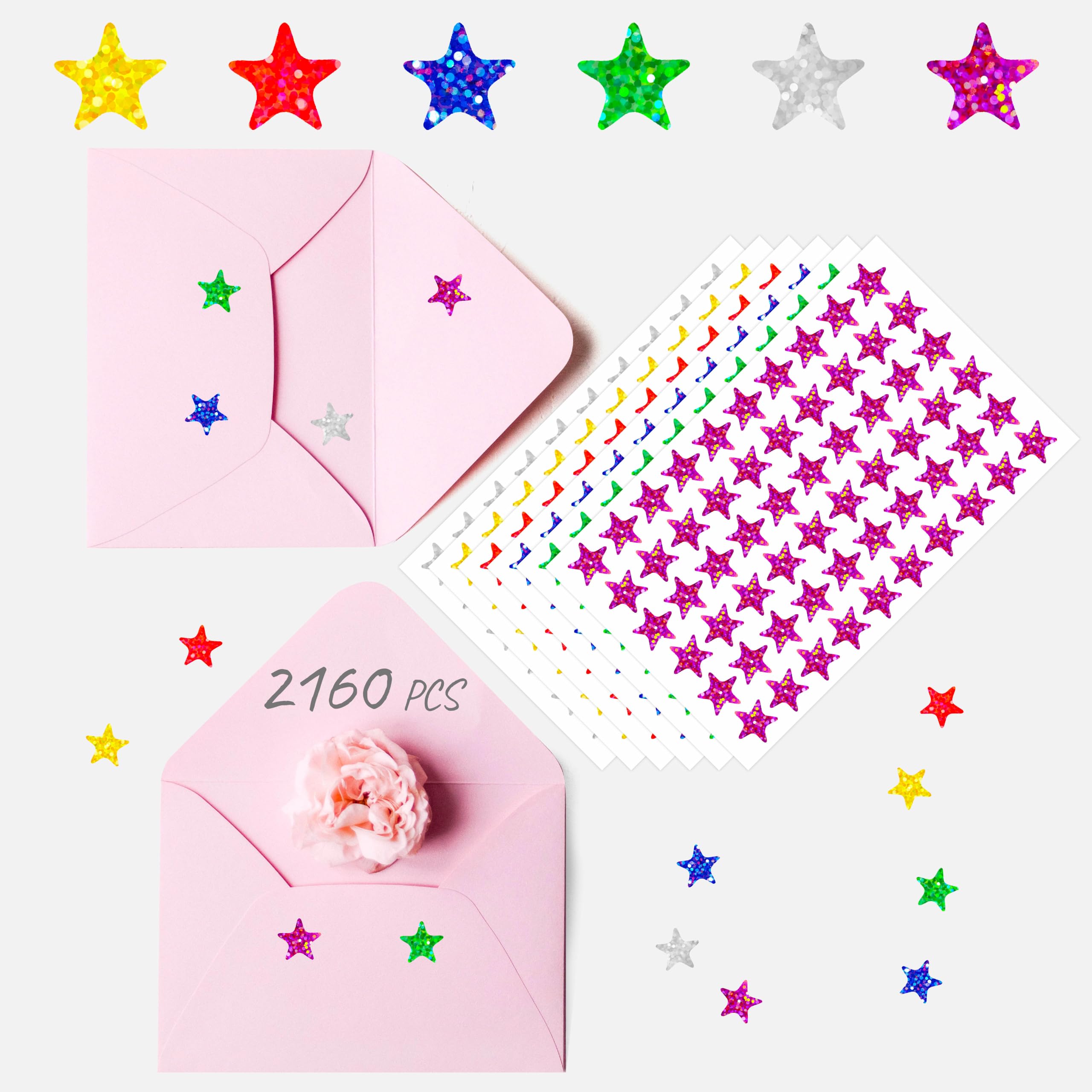 2160 PCS Holographic Star Stickers, 6 Colors Shiny Sparkle Star Stickers Water/Tear Resistant Self Adhesive Stickers Reward Behavior Chart Labels for Kids Students Teachers Supplies (0.6” Each)