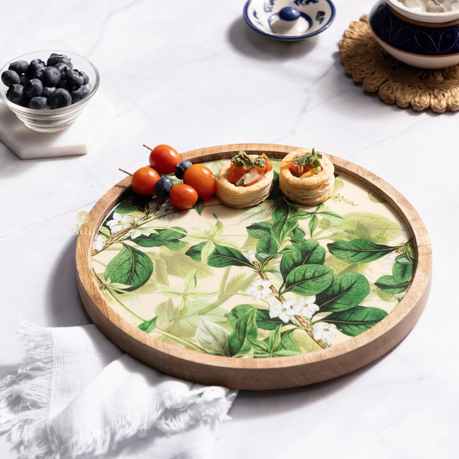 DULI Enamel Coated Round Multipurpose Serving Platter in Mangowwod
