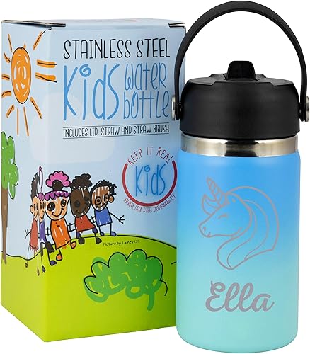 Botella de agua personalizada para niños, pequeña botella de acero inoxidable con aislamiento personalizado de 12 onzas sin BPA para la escuela con
