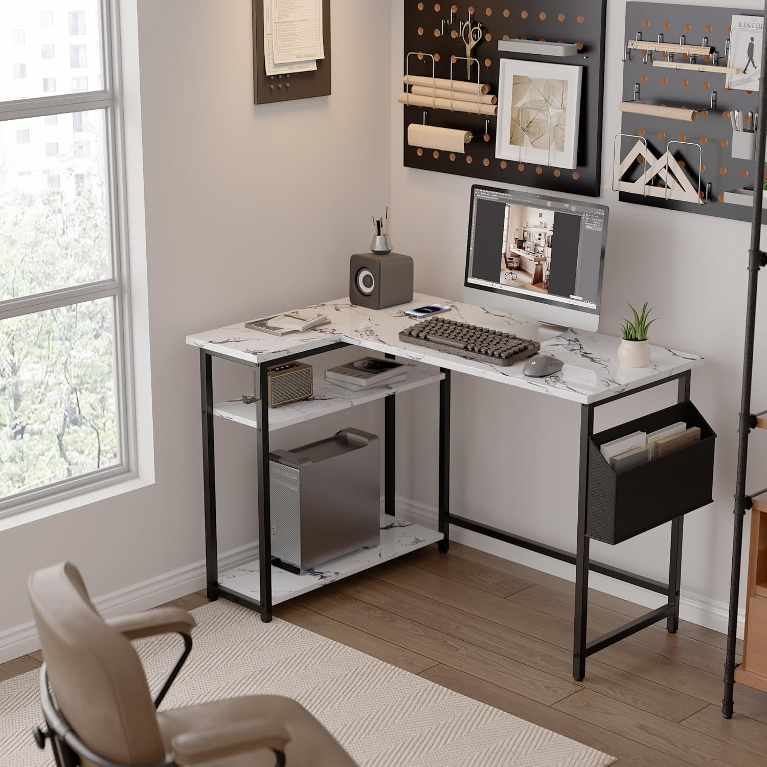 Pamray 40 Inch L Shaped Computer Desk with Reversible Side Storage Shelves, Small Corner Desk for Small Space Home Office, Writing Study Table PC Desk for Bedroom, Marble Marble 40 inch