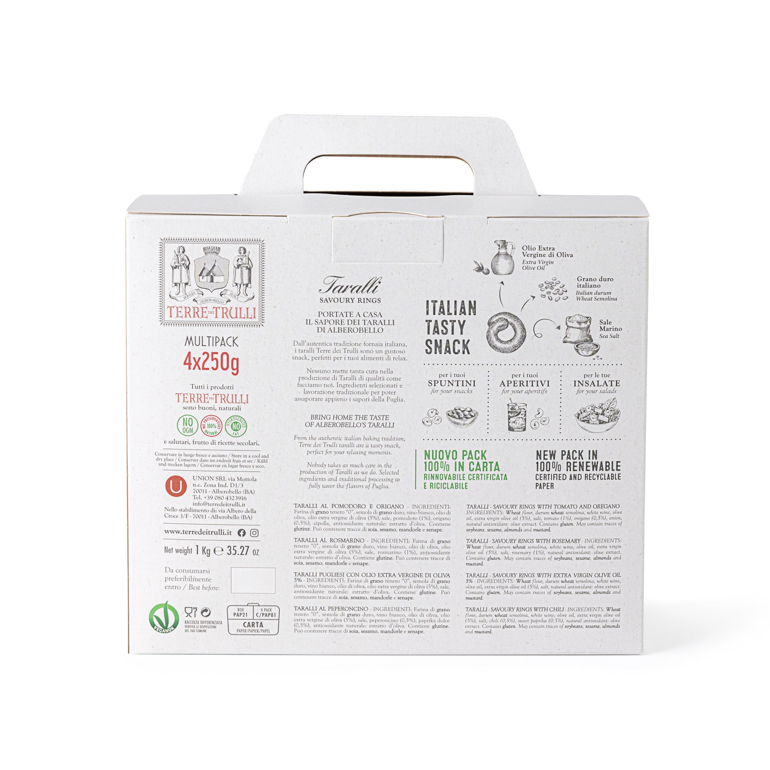 Terre Dei Trulli Taralli Multi Pack - 4 Confezioni Da 250g | Pugliesi Tradizionali Pugliesi, Rosmarino, Pomodoro e Origano, Peperoncino | Taralli Artigianali | Snack Salati Per Un Aperi Snack Genuino