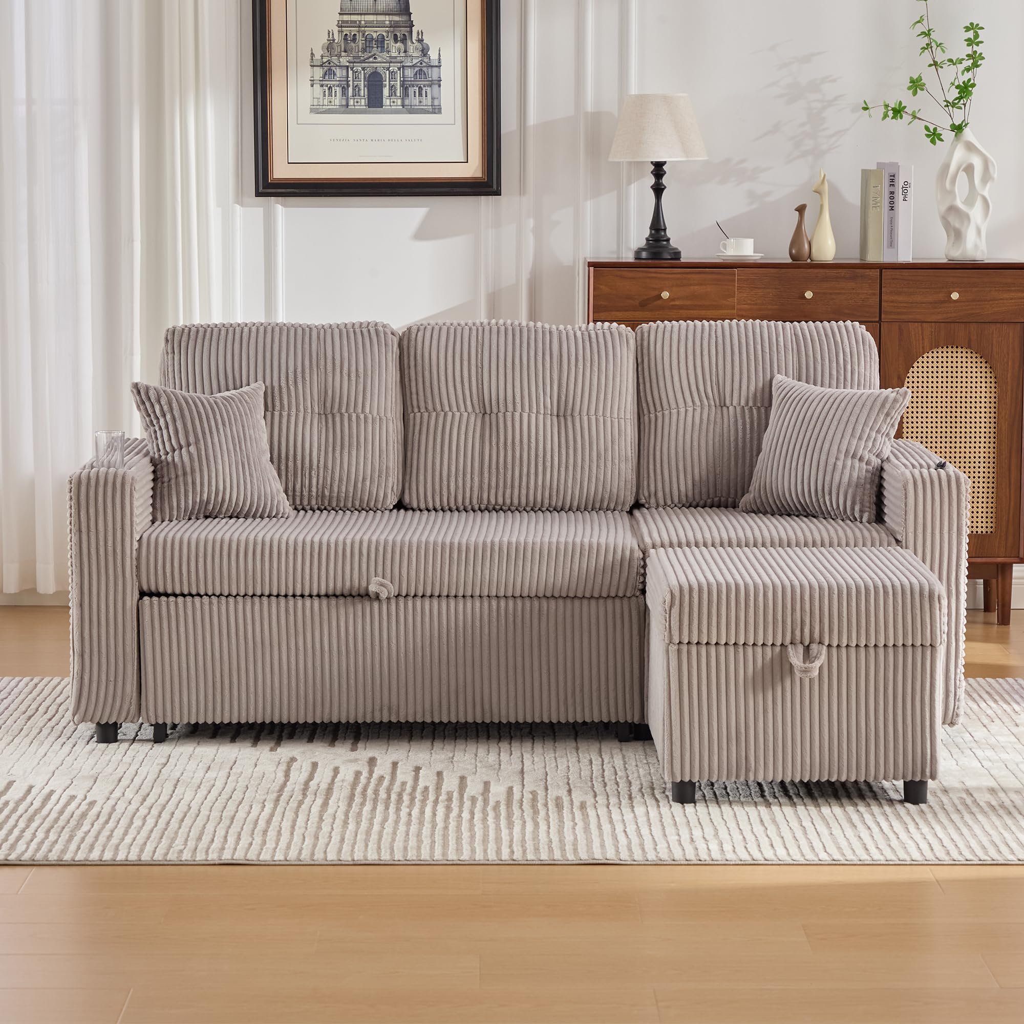 Modułowa sofa ze sztruksu, sofa do spania z wysuwaną funkcją spania i oświetleniem, składana sofa z poduszką na siedzisko i oparcie, kolor jasnoszary
