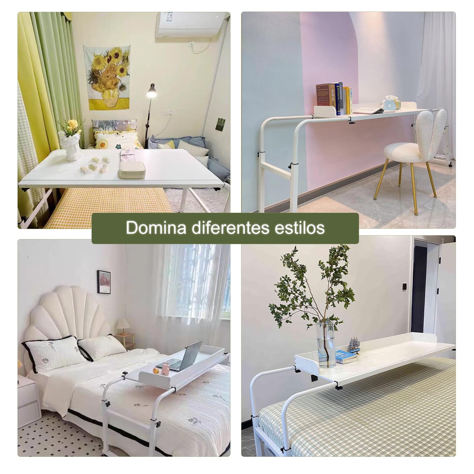 Genérico Mesa De Cama Móvil, Mesa Sobre Cama Con Ruedas, Marco De Acero Engrosado, Ajustable Hacia Arriba Y Hacia Abajo, Con Esquinas Redondeadas Para Evitar Golpes.120*45*65cm(Color: blanco)