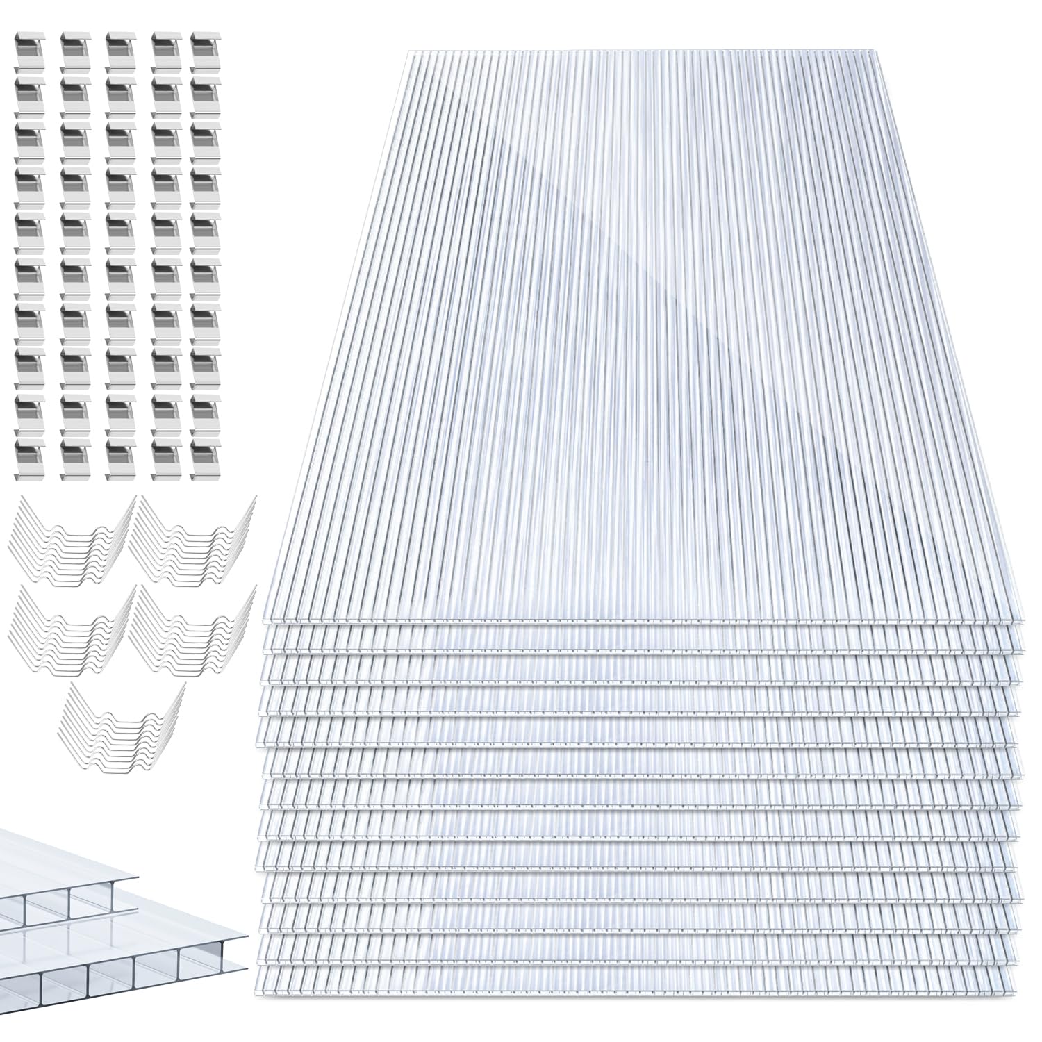 Herrselsam Placas de Policarbonato Alveolar 60,5 x 121 cm - 14 Unidades, 10,25 m², 4 mm Espesor - Con 50 Grapas y 50 Clips en Z - Resistente a Rayos UV Para Invernadero