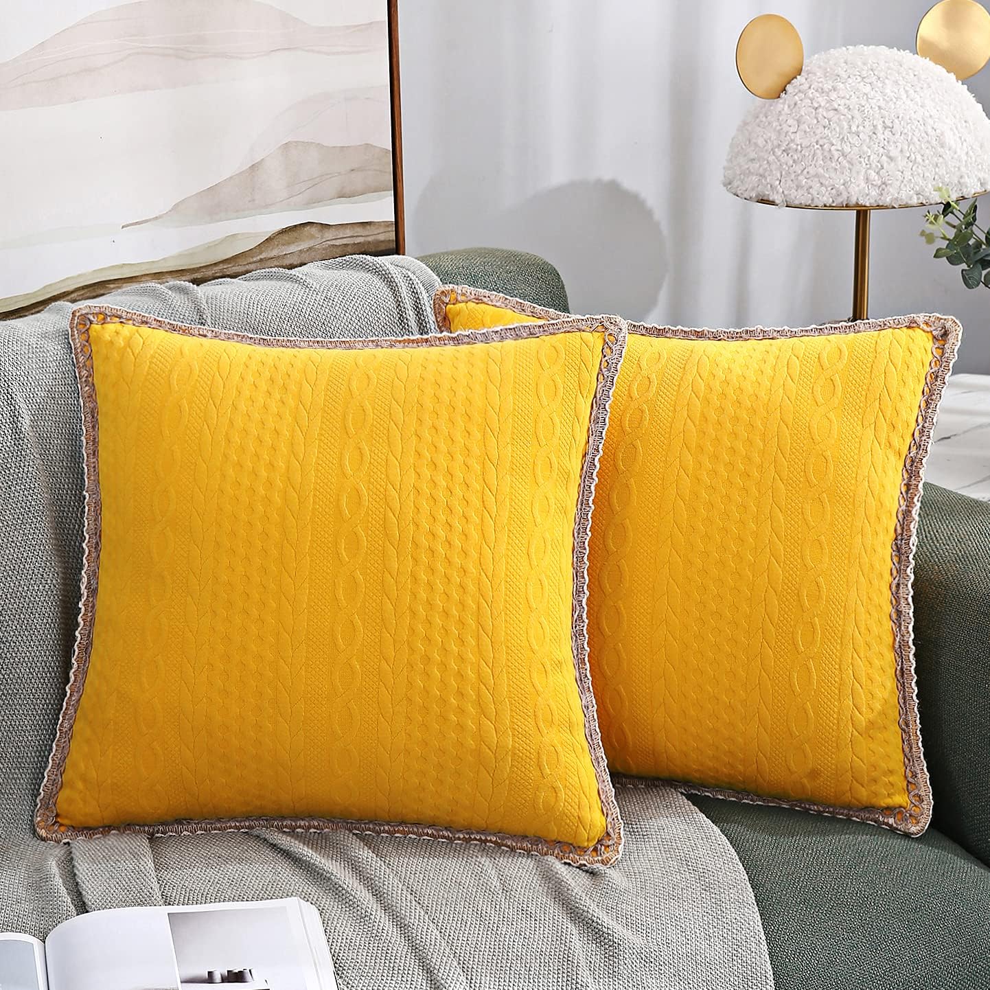 3D Embossed Farmhouse Decorative Pillow Covers, Set of 2 Lace Trimmed Edge Throw Pillowcases Stretchy Cushion Cases for Sofa Couch Chair, 20x20 inch, Mustard Yellow