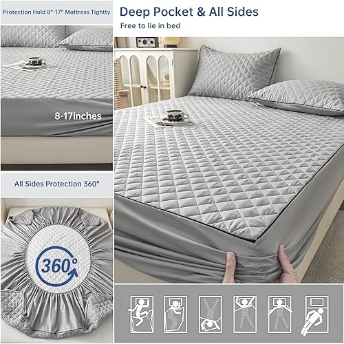 Miniatura 5 de Protector de colchón impermeable de tamaño matrimonial, bolsillos profundos de 17 pulgadas para colchones gruesos, a prueba de fugas, resistente a